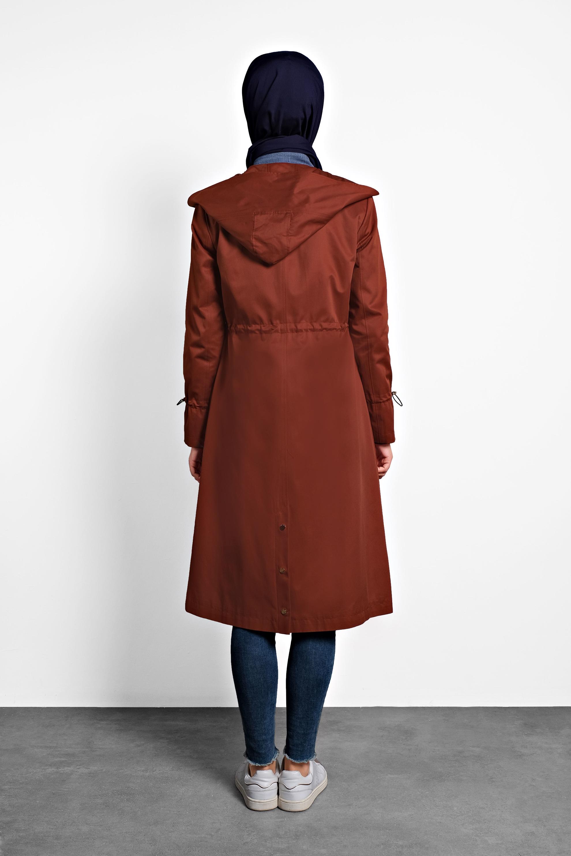 Tesettür giyim TURUNCU BELİ BÜZGÜLÜ PAMUKLU TRENÇKOT 10013