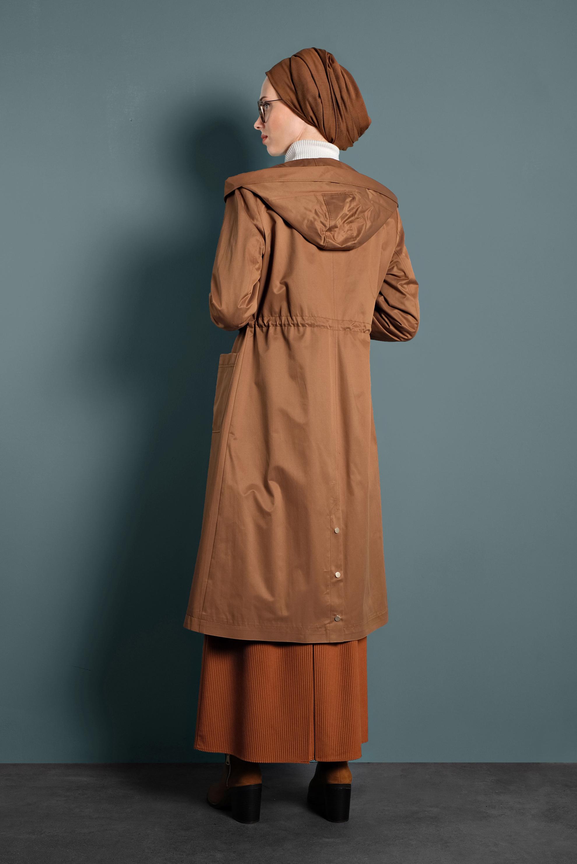 Tesettür giyim TABA BELİ BÜZGÜLÜ PAMUKLU TRENÇKOT 10013