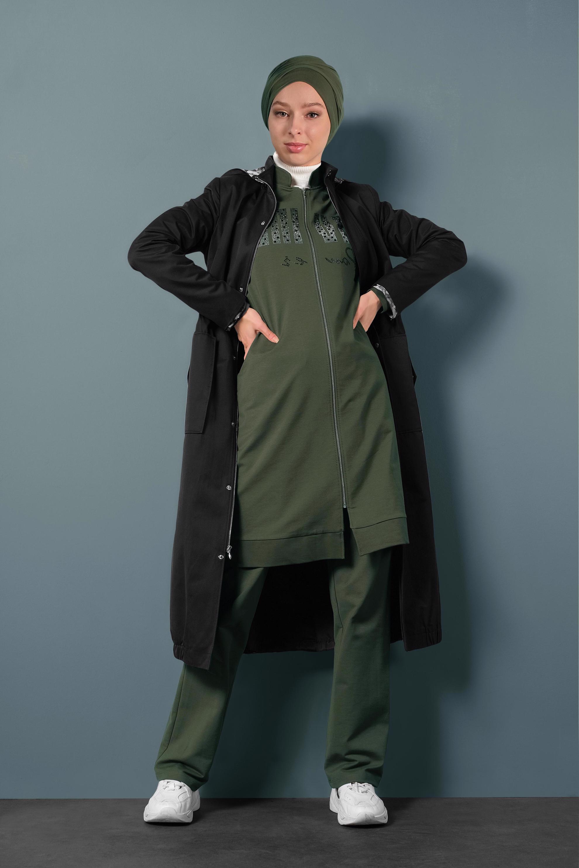 Tesettür giyim SİYAH KAPÜŞONLU TRENÇKOT 10014 