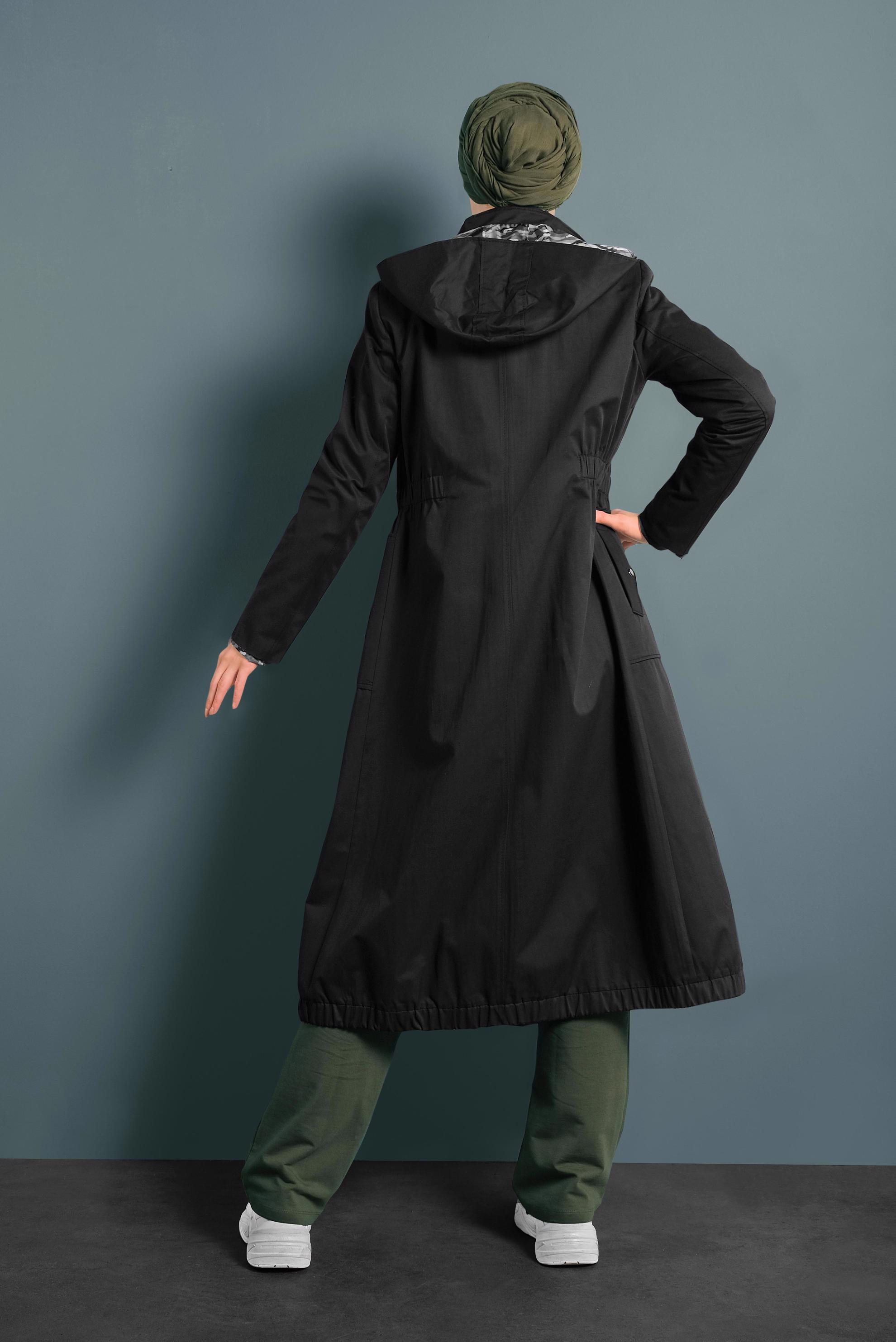 Tesettür giyim SİYAH KAPÜŞONLU TRENÇKOT 10014 