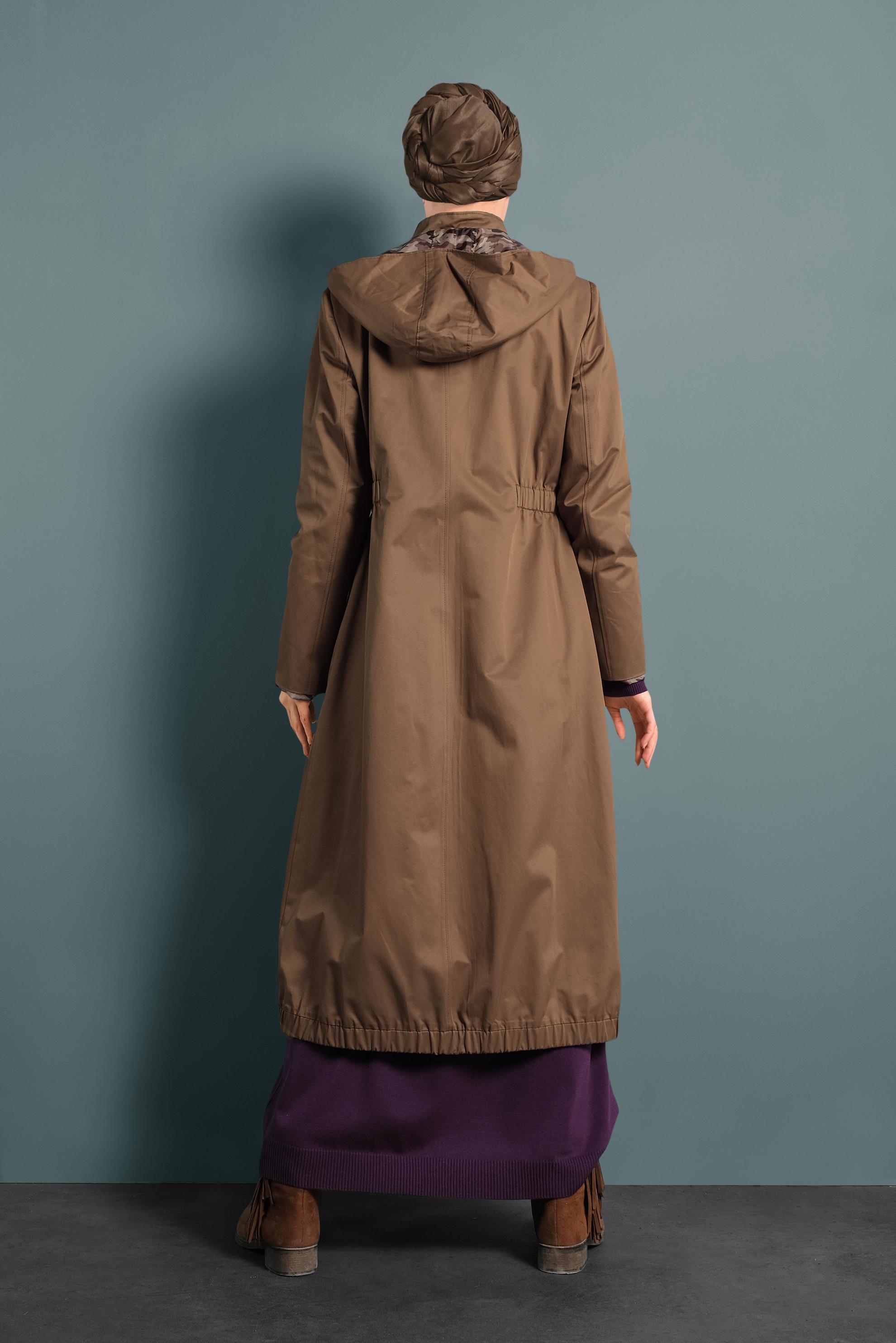 Tesettür giyim TABA KAPÜŞONLU TRENÇKOT 10014 