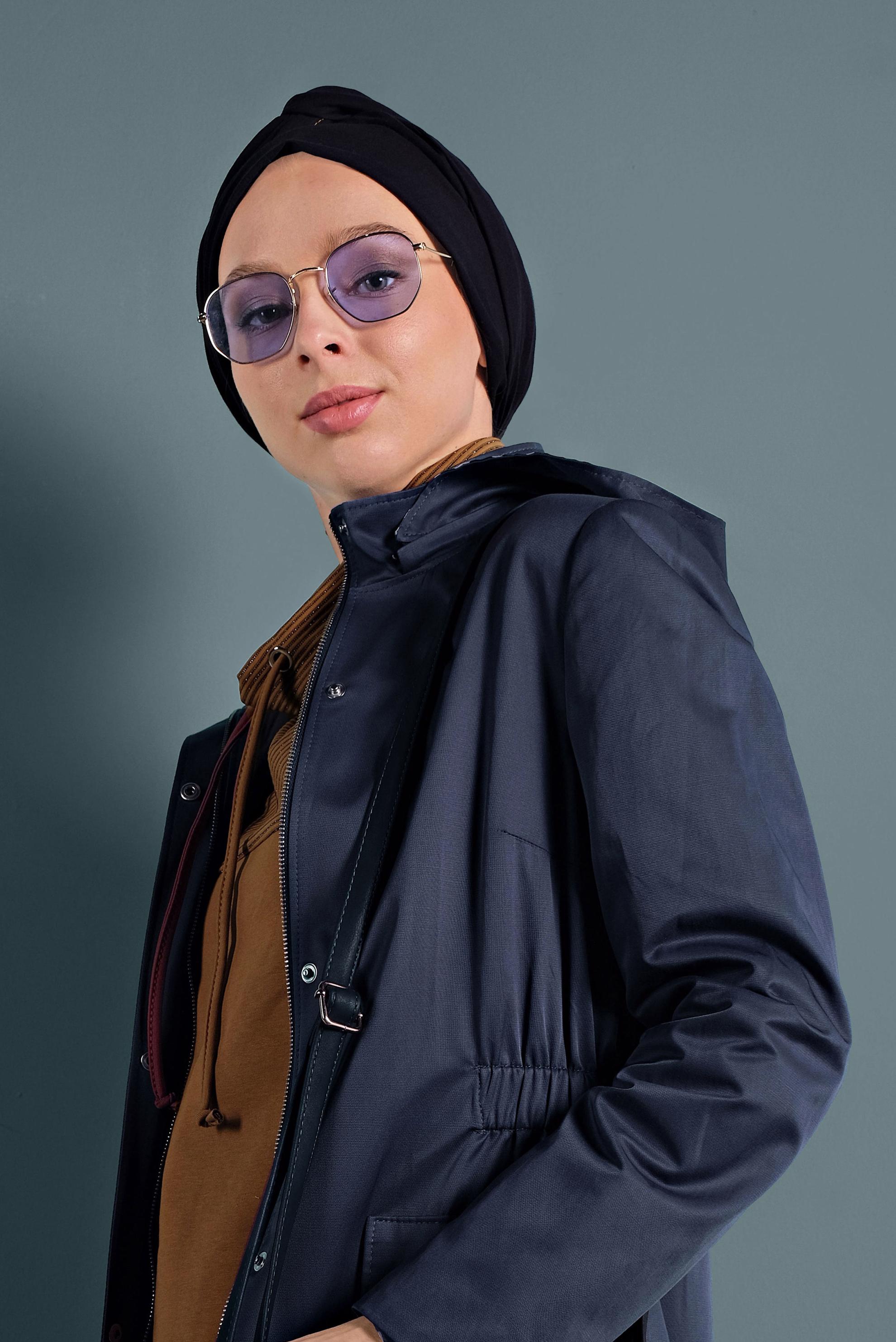 Hijab clothing NAVY BLUE HOODED TRENCH-COAT 10014