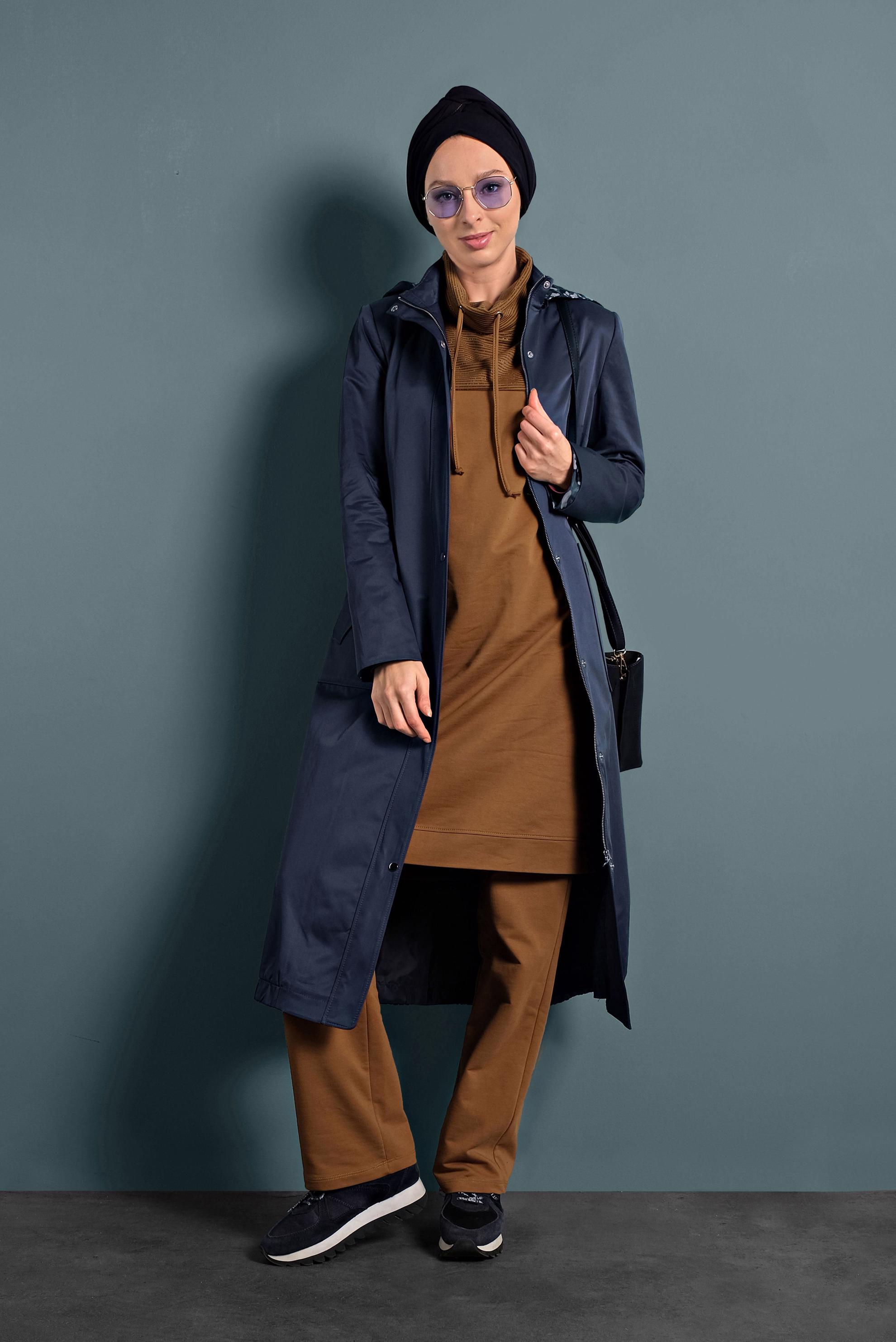 Hijab clothing NAVY BLUE HOODED TRENCH-COAT 10014