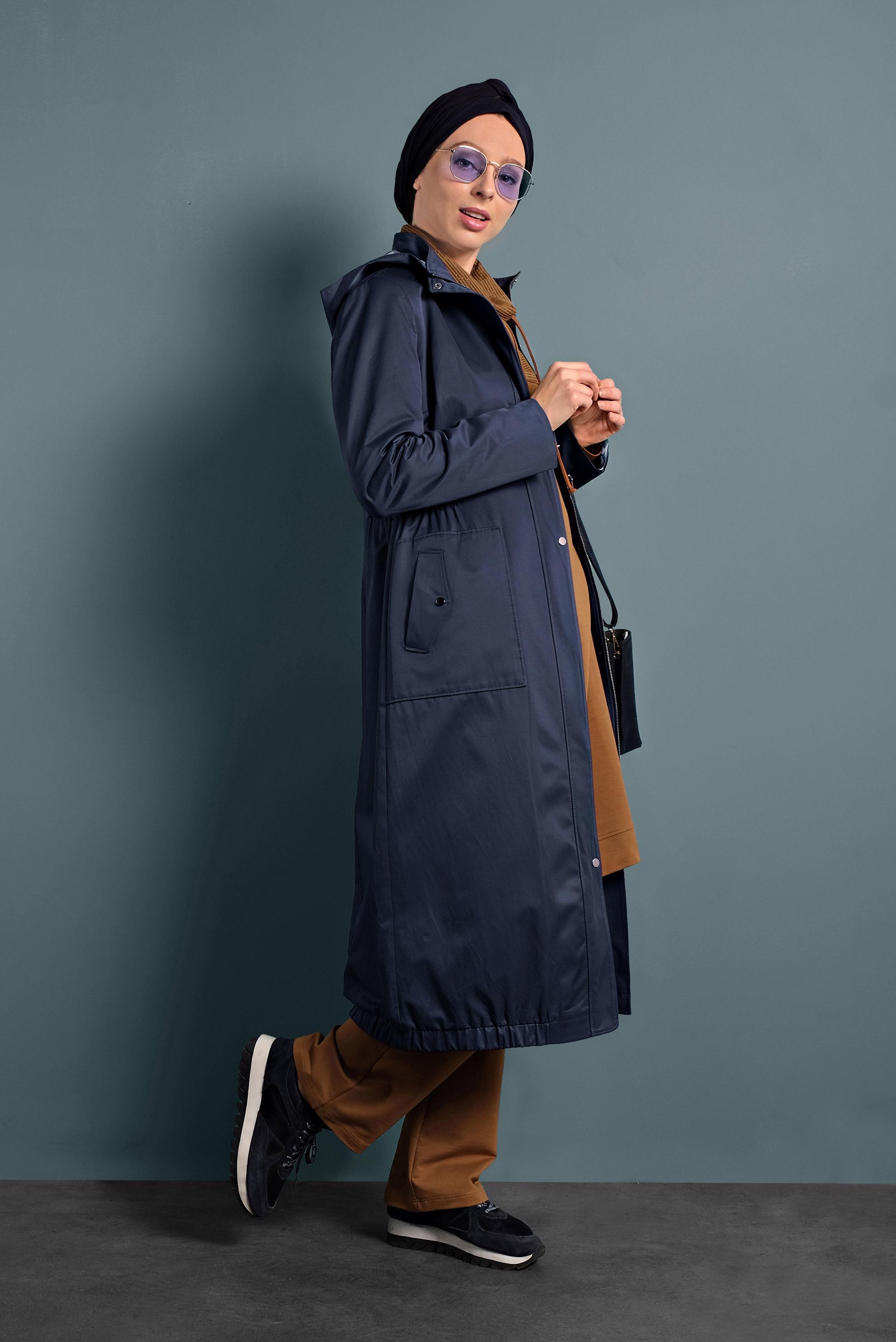 Hijab clothing NAVY BLUE HOODED TRENCH-COAT 10014