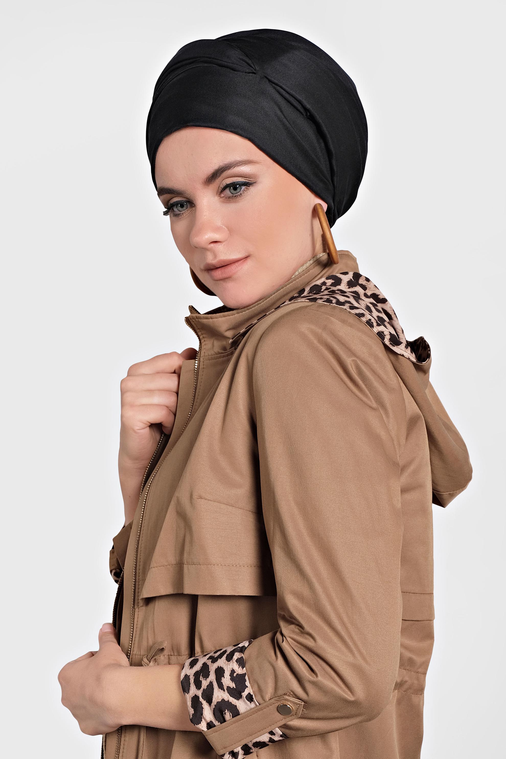 Tesettür giyim TABA BELİ BÜZGÜLÜ FERMUARLI LEOPAR DESENLİ TRENÇKOT 10124 