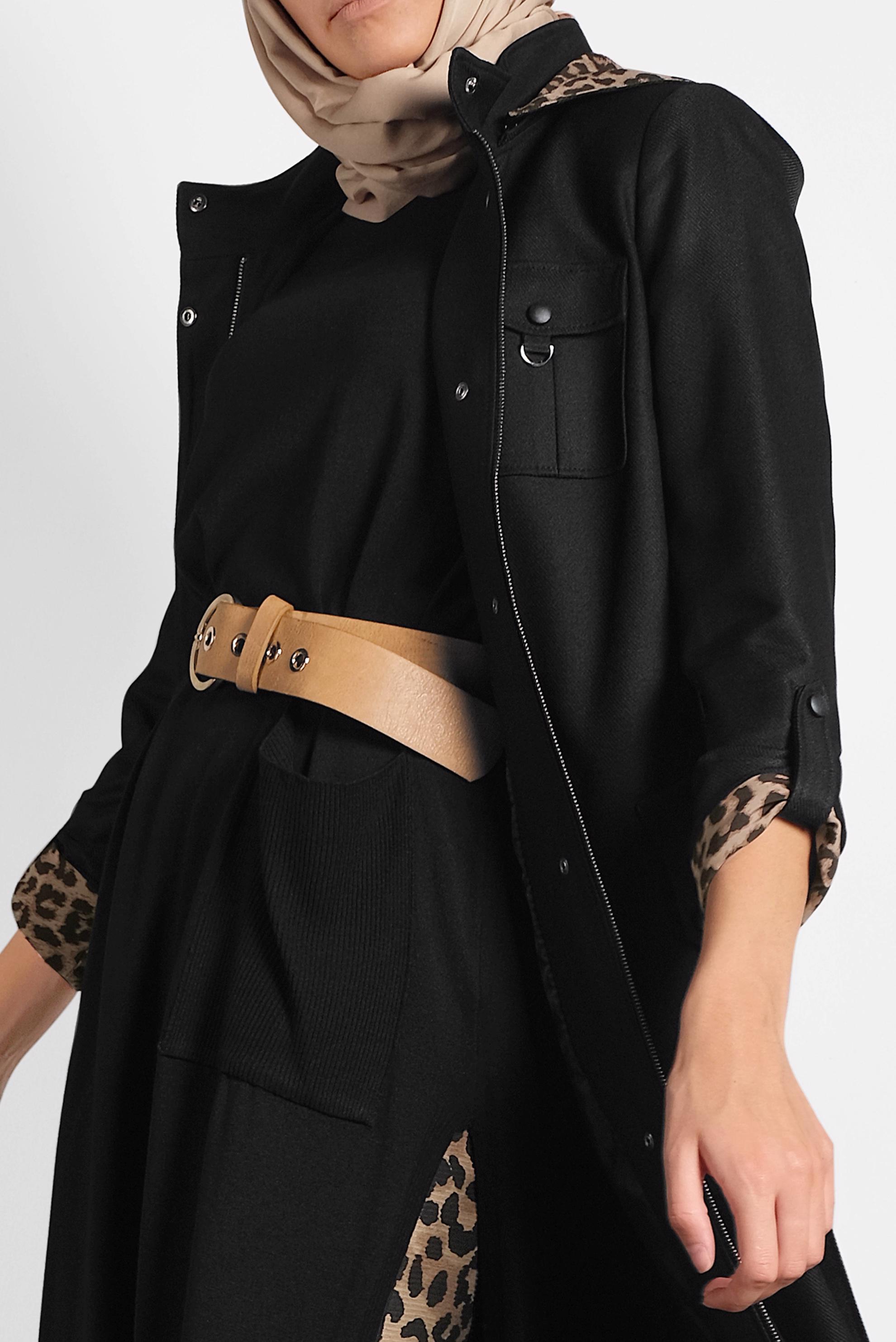 Tesettür giyim SİYAH BELİ KUŞAKLI LEOPAR DESENLİ TRENÇKOT 10129 