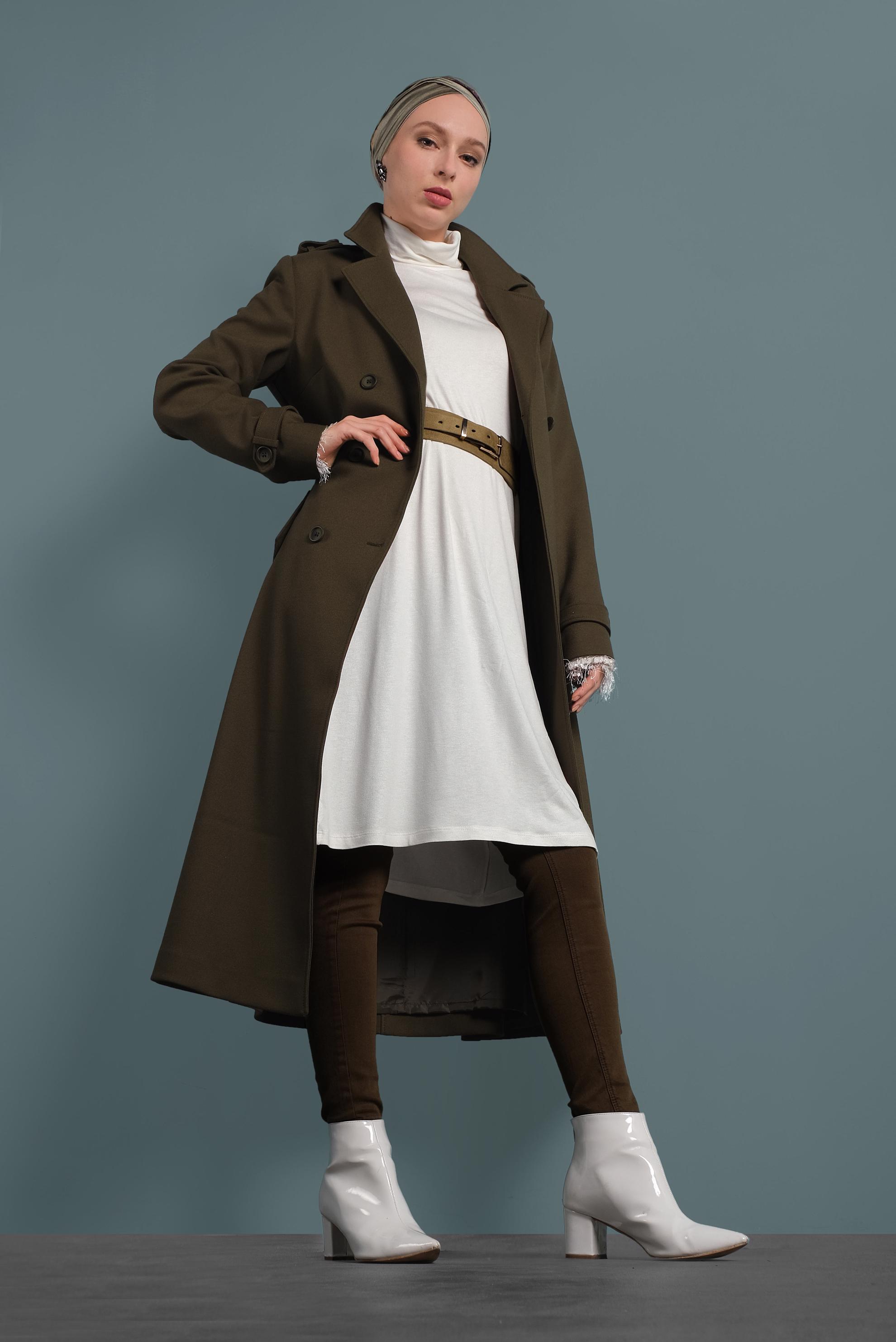 Hijab clothing KHAKI BELTED BUTTONED TRENCH-COAT  10133 