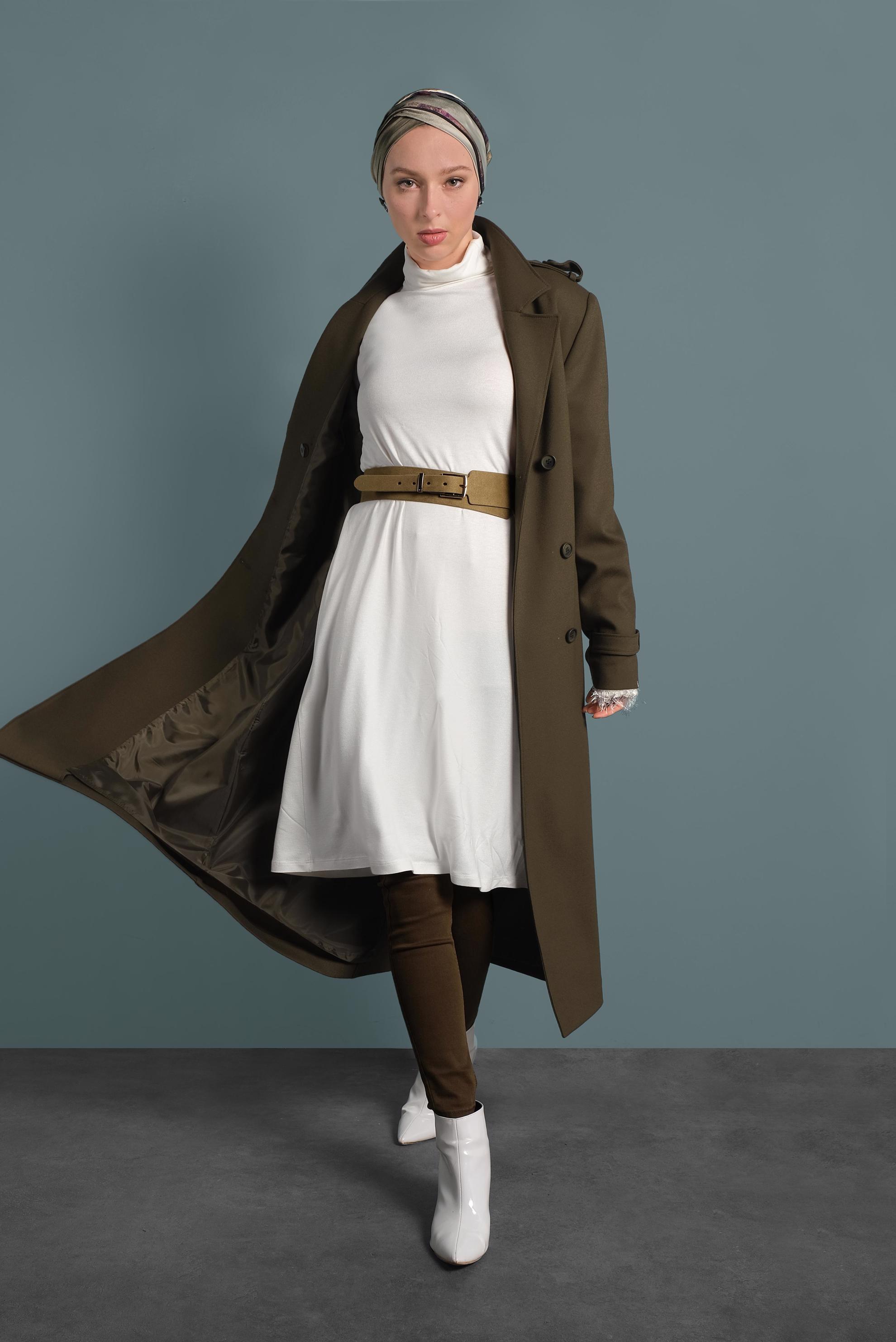 Hijab clothing KHAKI BELTED BUTTONED TRENCH-COAT  10133 