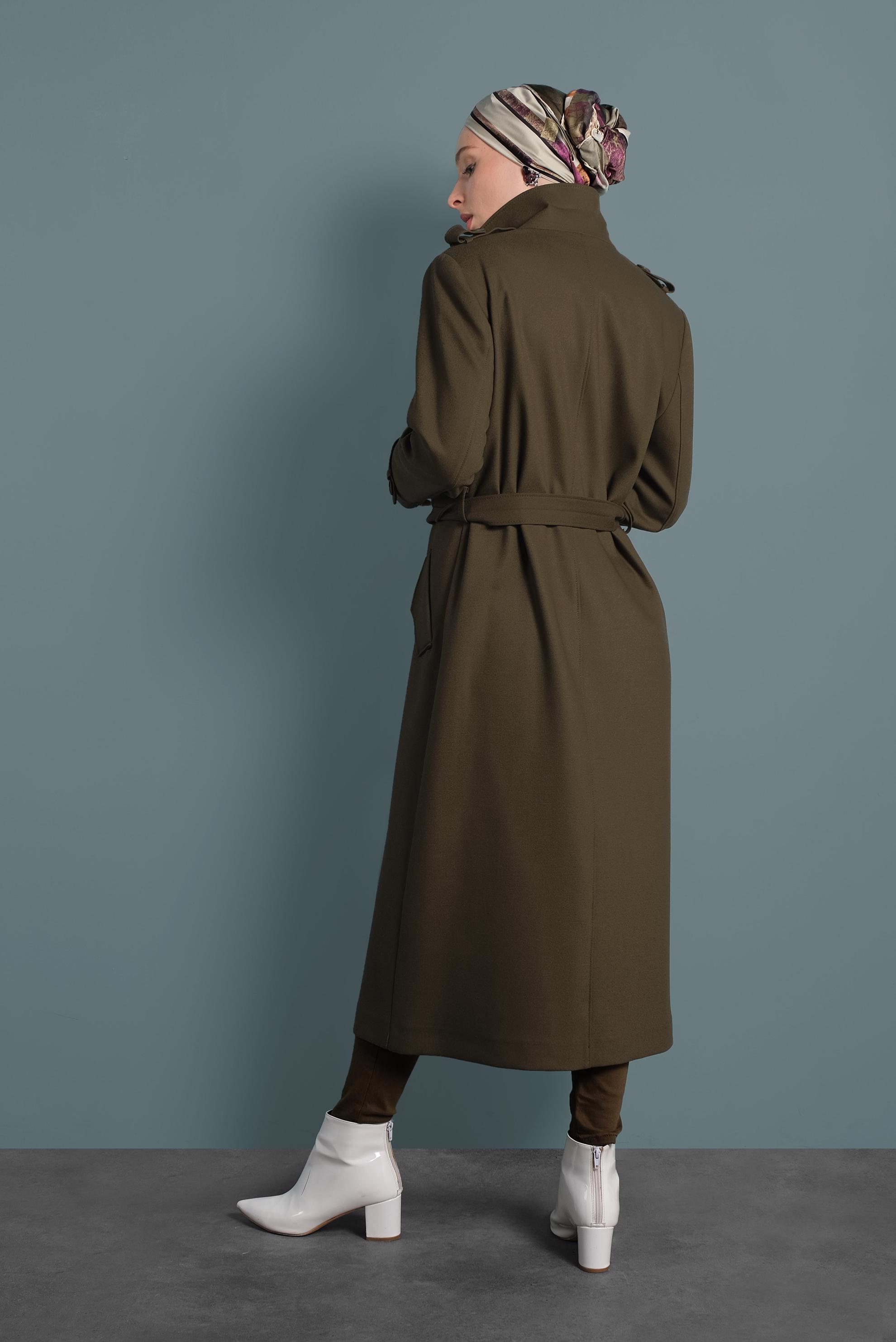 Hijab clothing KHAKI BELTED BUTTONED TRENCH-COAT  10133 