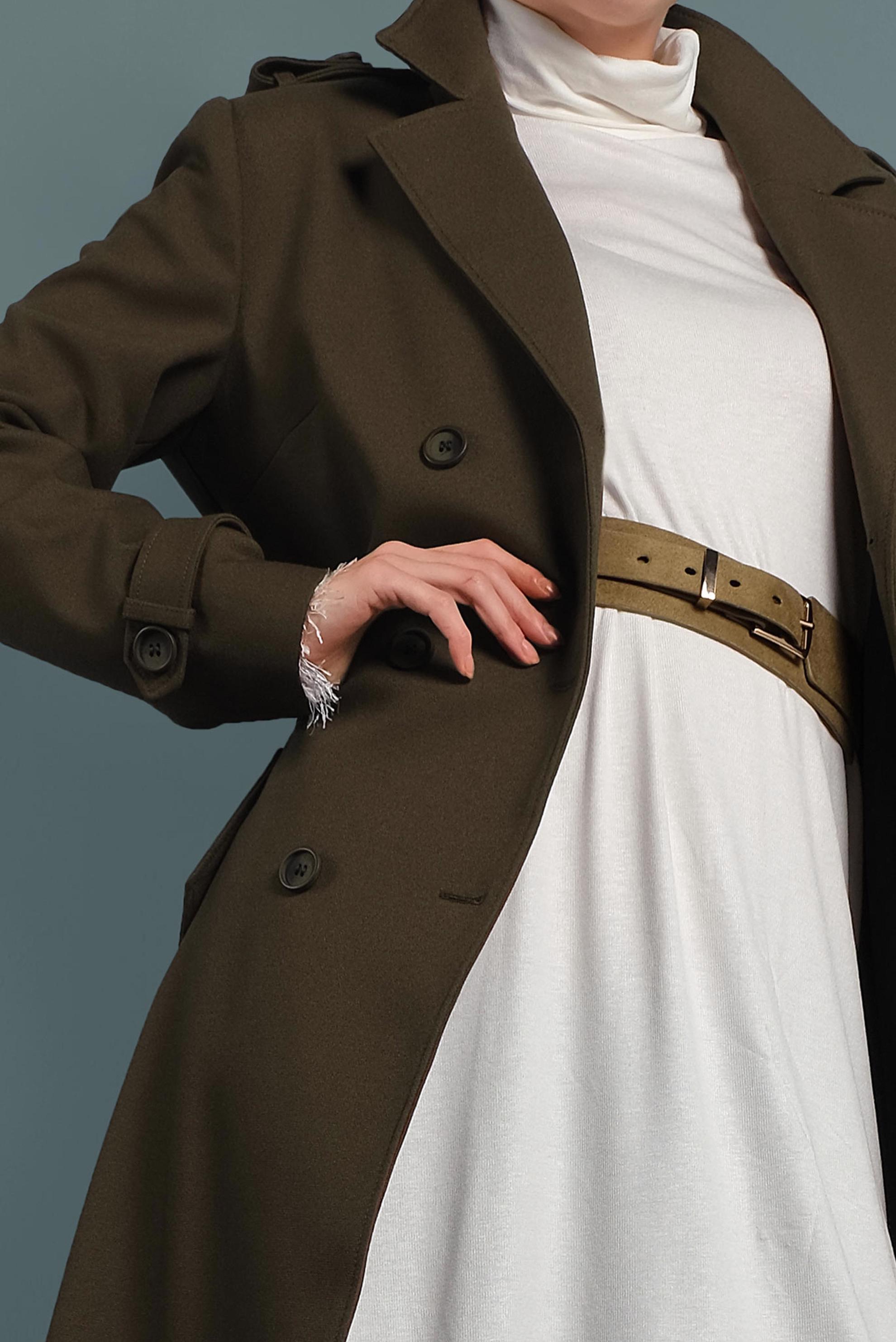 Hijab clothing KHAKI BELTED BUTTONED TRENCH-COAT  10133 