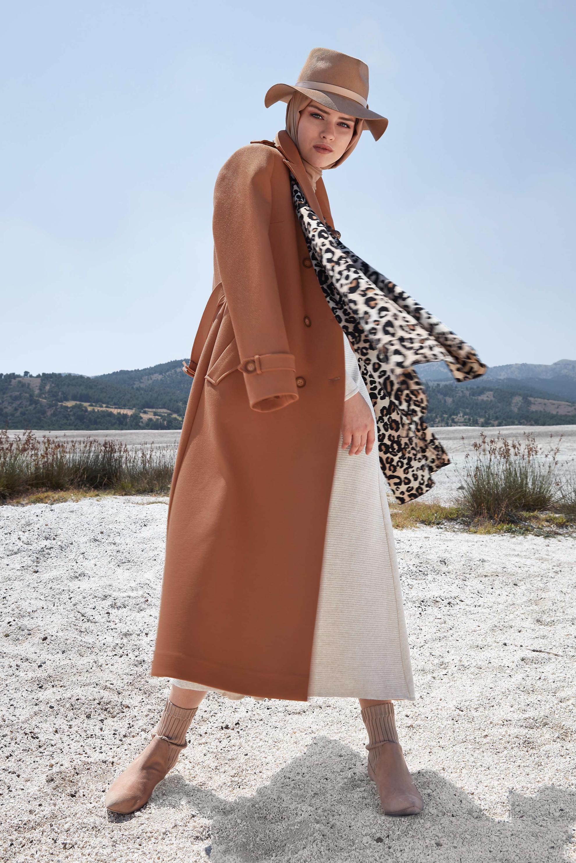 Tesettür giyim TURUNCU BELİ KEMERLİ DÜĞMELİ TRENÇKOT  10133 