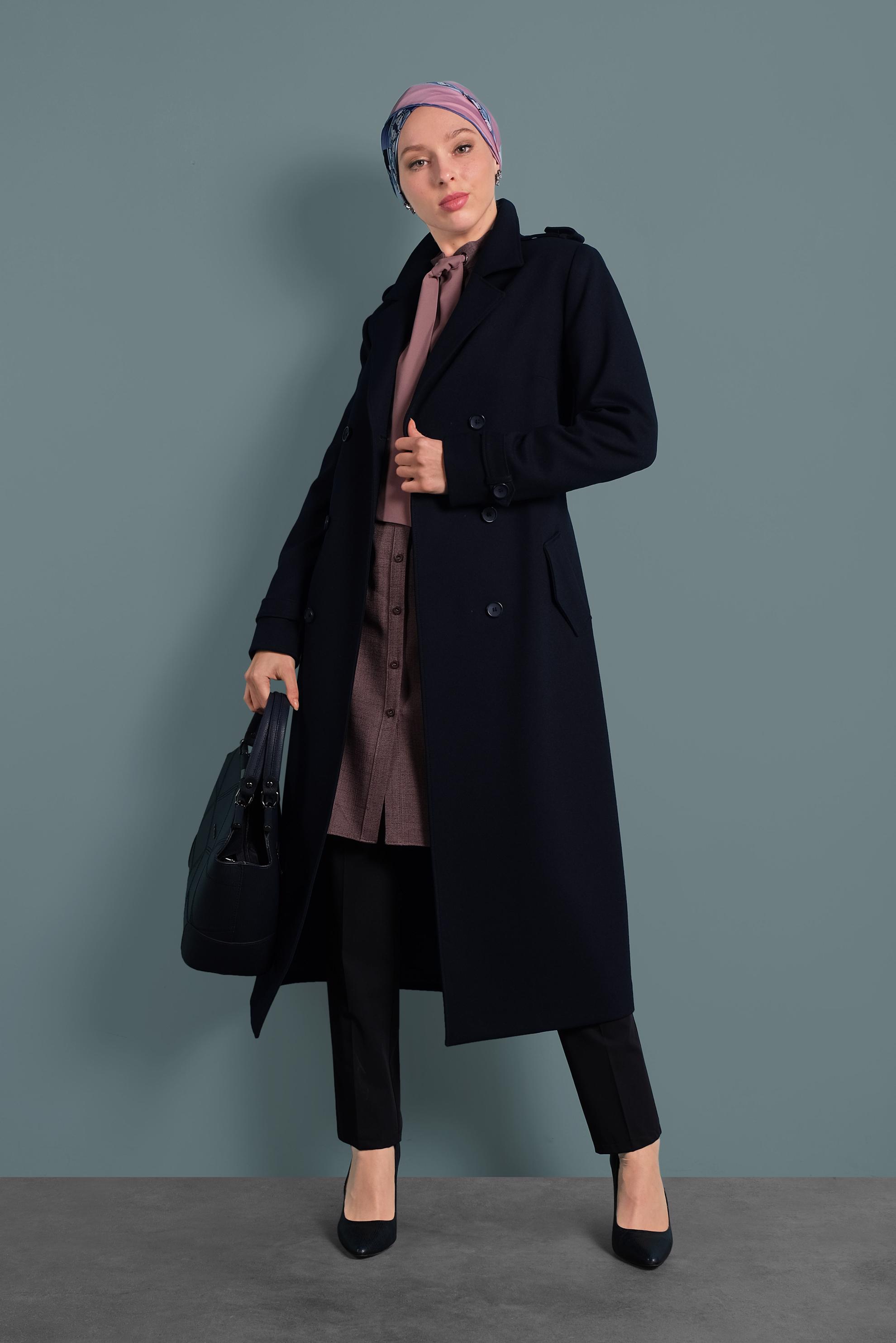 Tesettür giyim LACİVERT BELİ KEMERLİ DÜĞMELİ TRENÇKOT  10133 