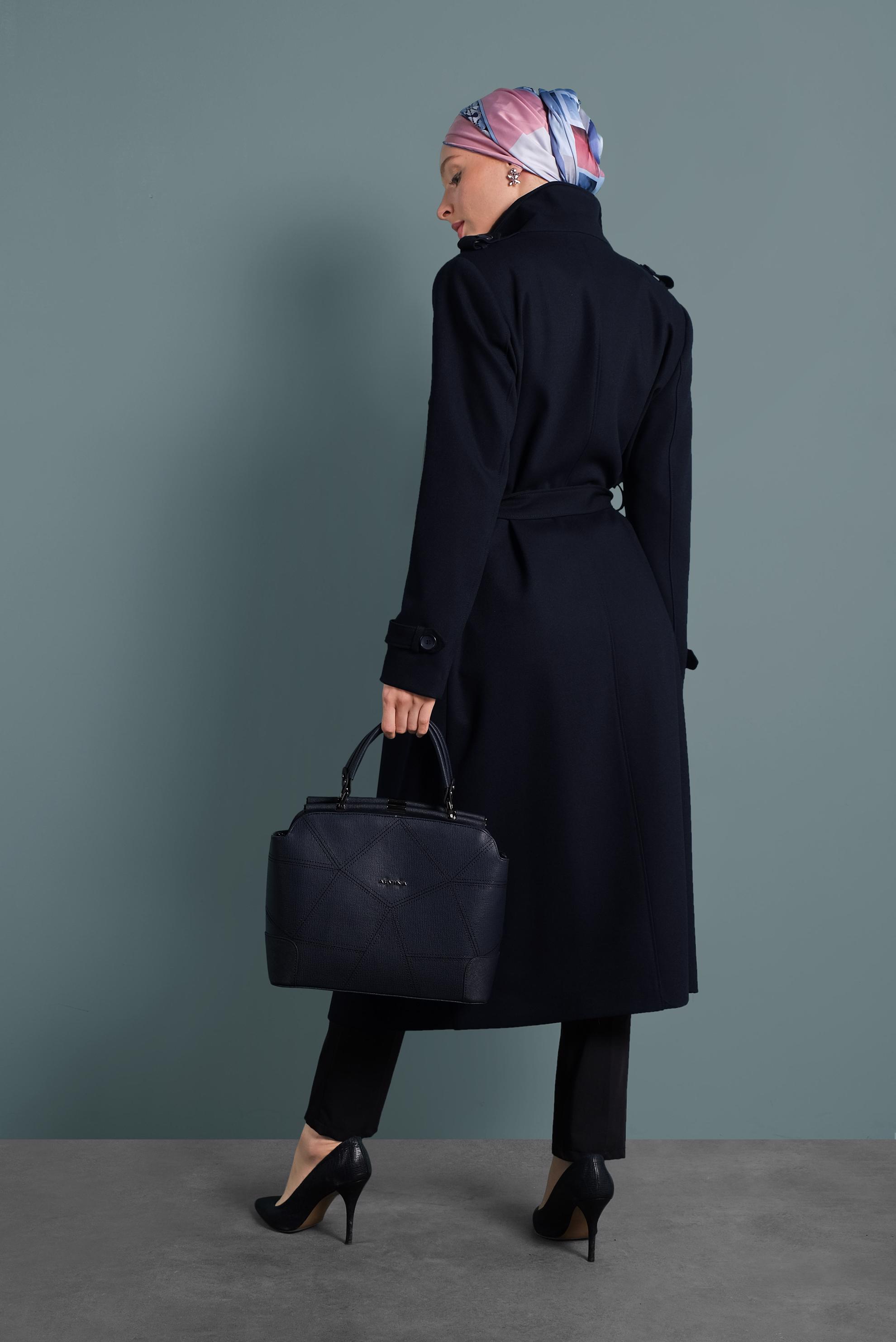 Tesettür giyim LACİVERT BELİ KEMERLİ DÜĞMELİ TRENÇKOT  10133 