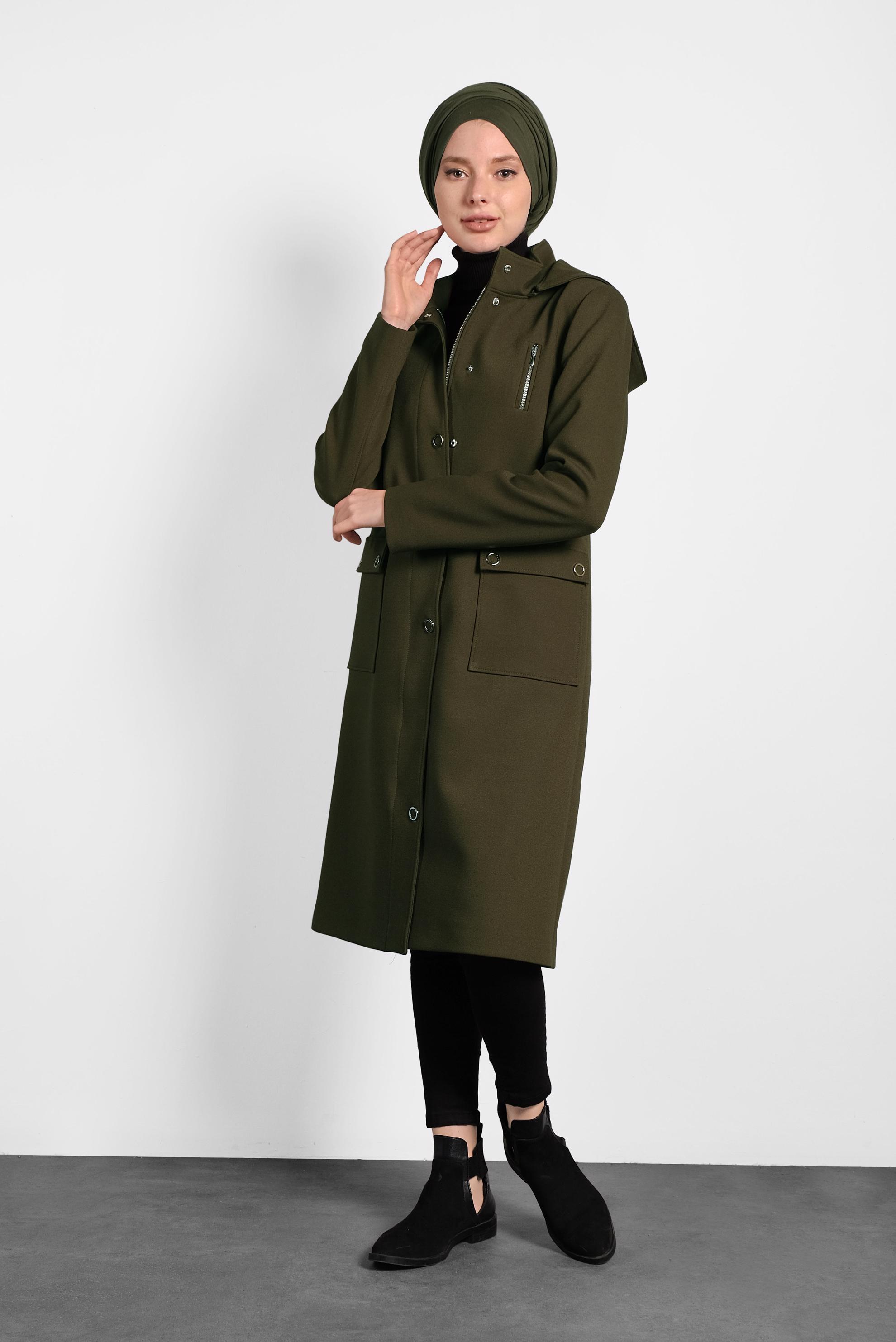 Hijab clothing KHAKI HOODED TRENCH-COAT 10134 