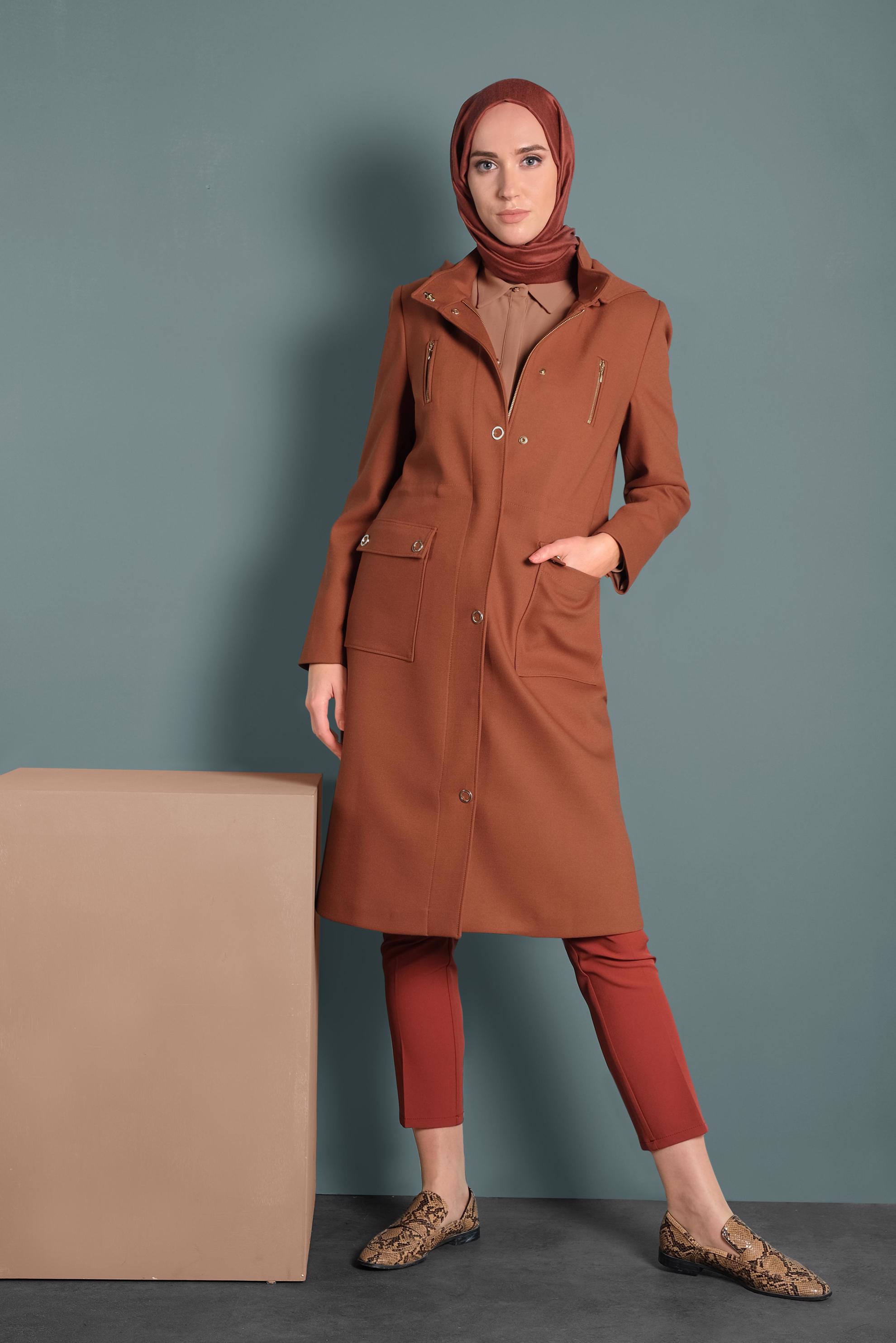 Hijab clothing ORANGE HOODED TRENCH-COAT 10134 