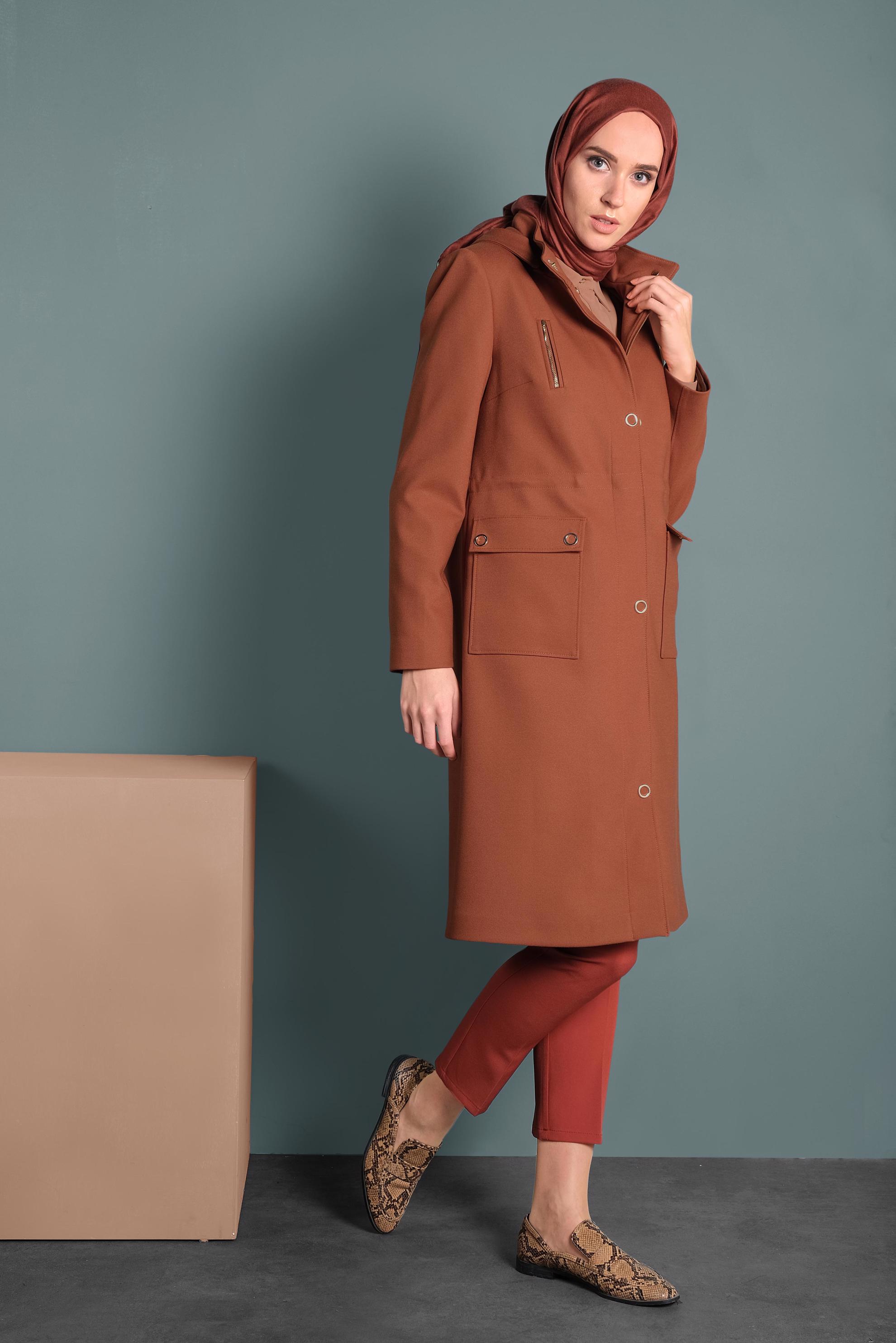 Hijab clothing ORANGE HOODED TRENCH-COAT 10134 