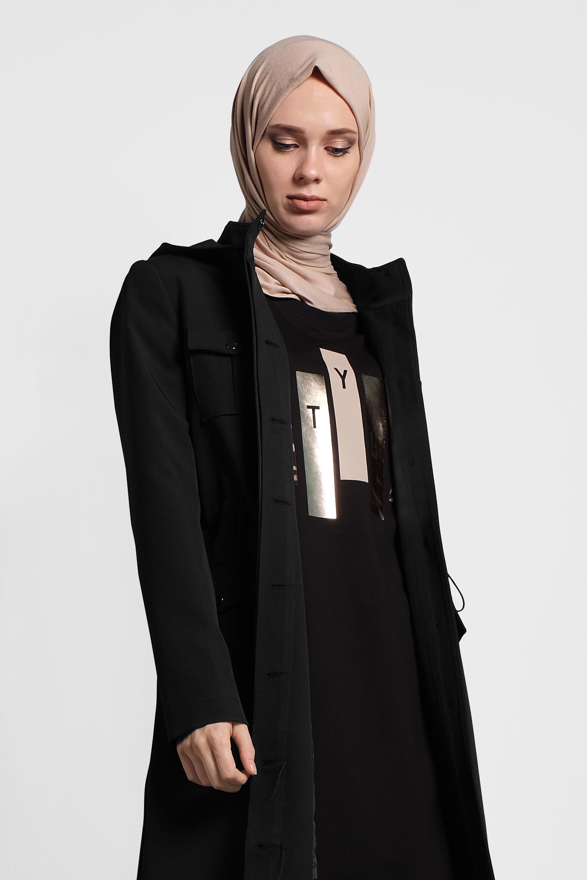 Tesettür giyim SİYAH CEPLİ DÜĞMELİ TRENÇKOT 10135 