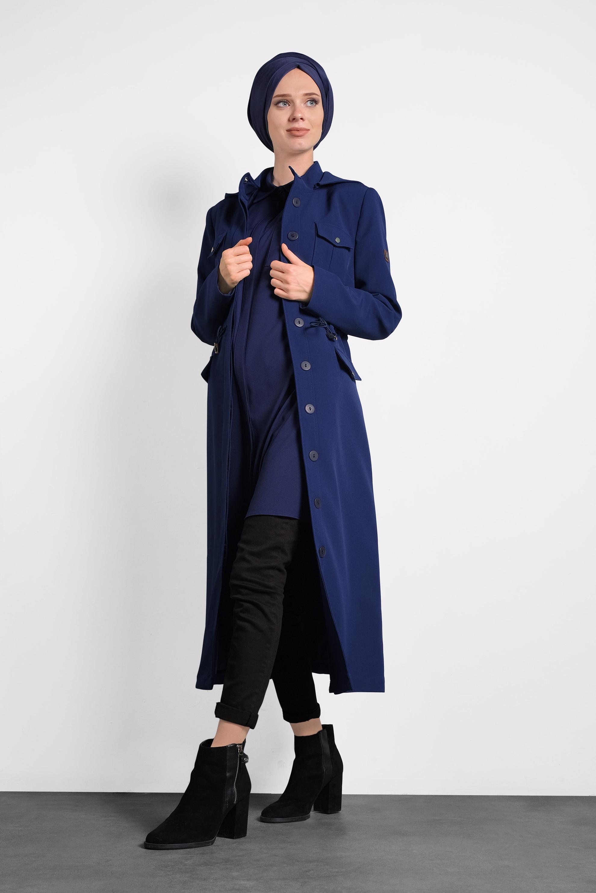 Tesettür giyim LACİVERT CEPLİ DÜĞMELİ TRENÇKOT 10135 
