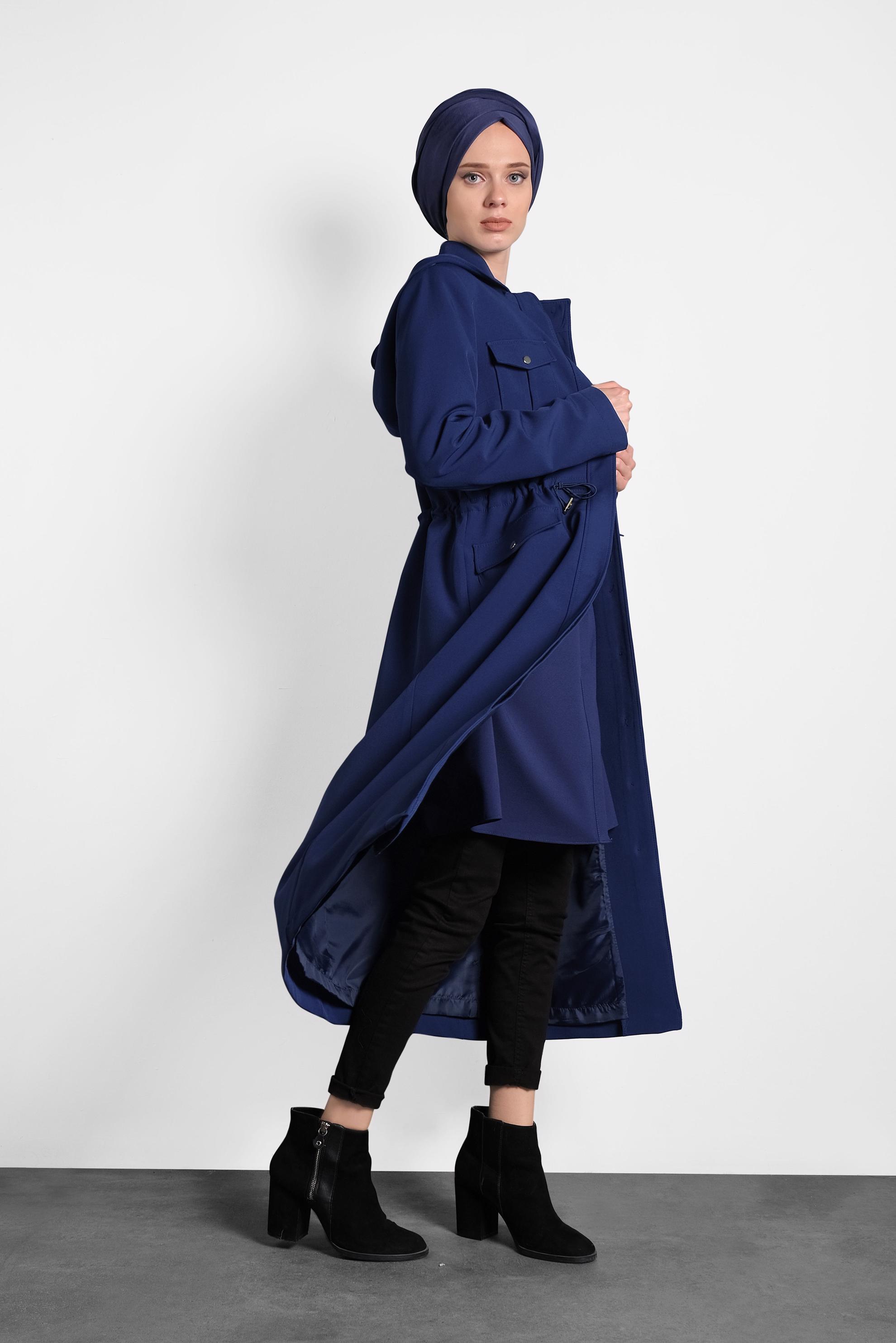 Tesettür giyim LACİVERT CEPLİ DÜĞMELİ TRENÇKOT 10135 