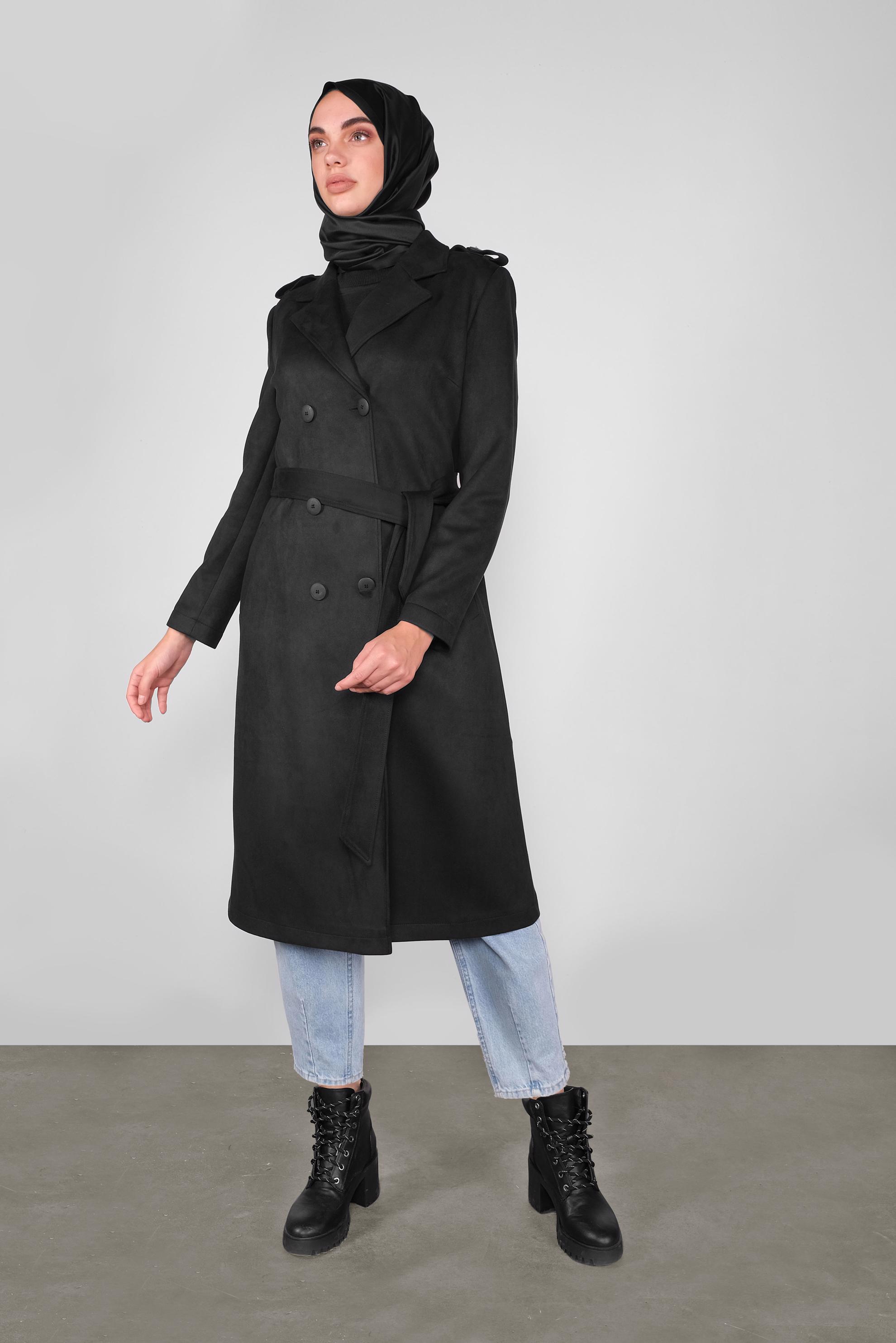 Tesettür giyim SİYAH KUŞAKLI SÜET TRENÇKOT 10138 