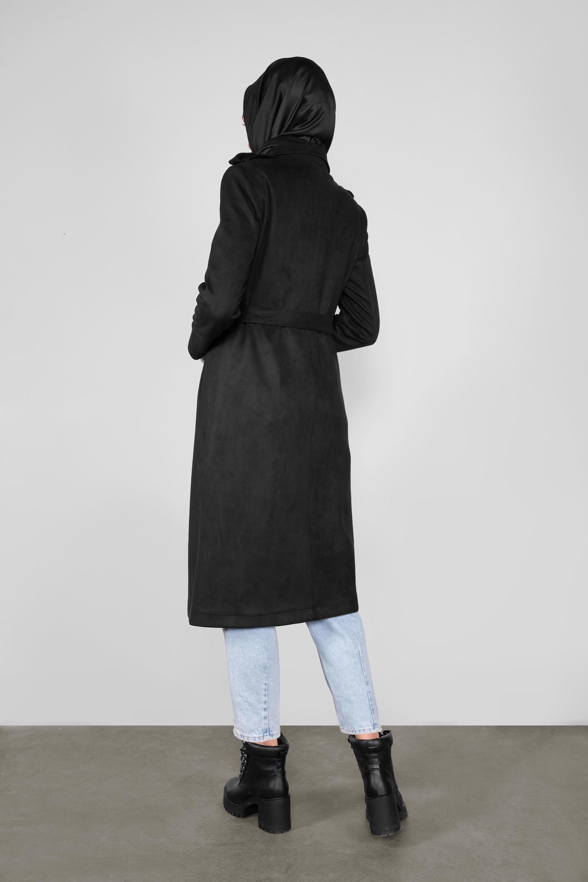 Tesettür giyim SİYAH KUŞAKLI SÜET TRENÇKOT 10138 