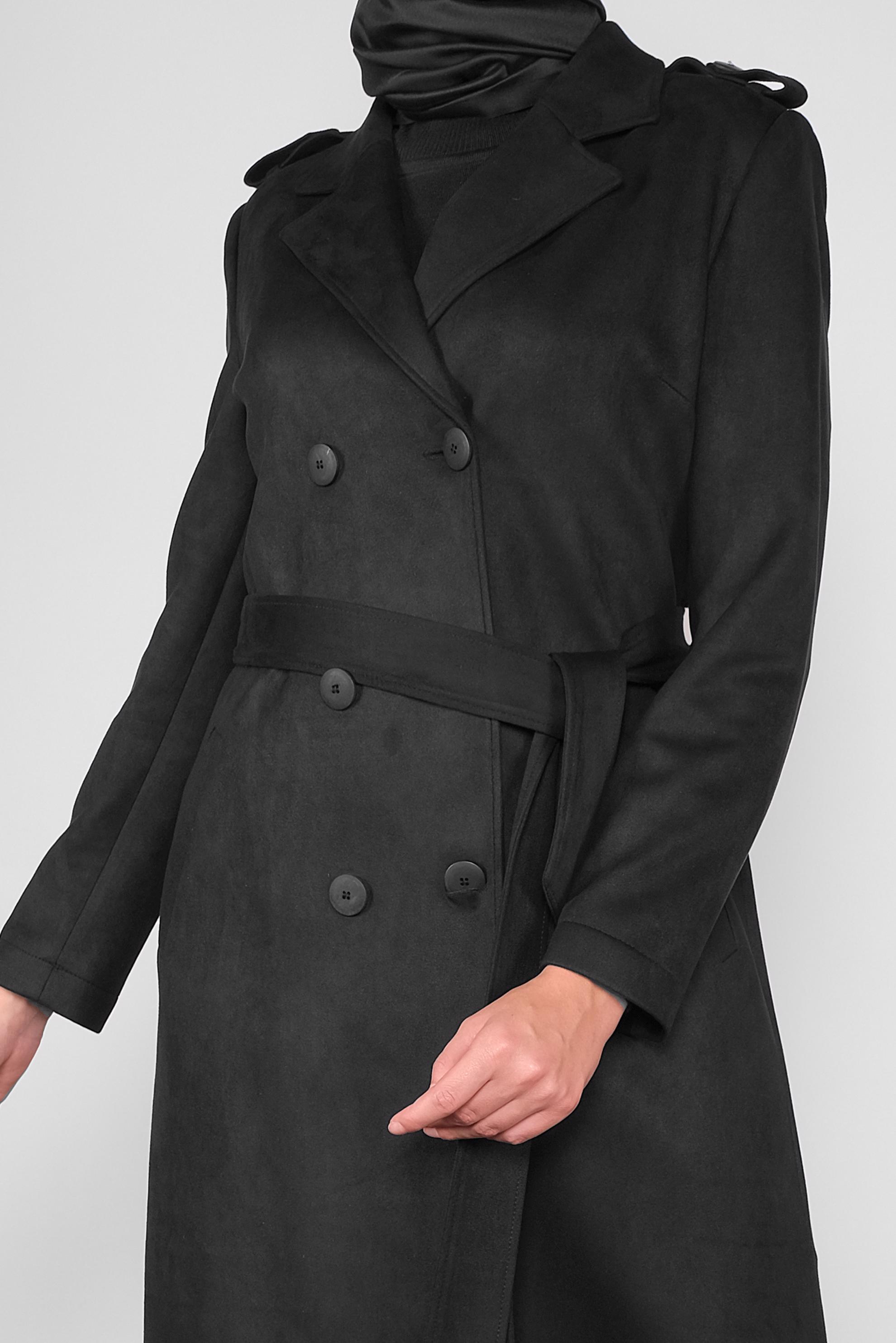 Tesettür giyim SİYAH KUŞAKLI SÜET TRENÇKOT 10138 