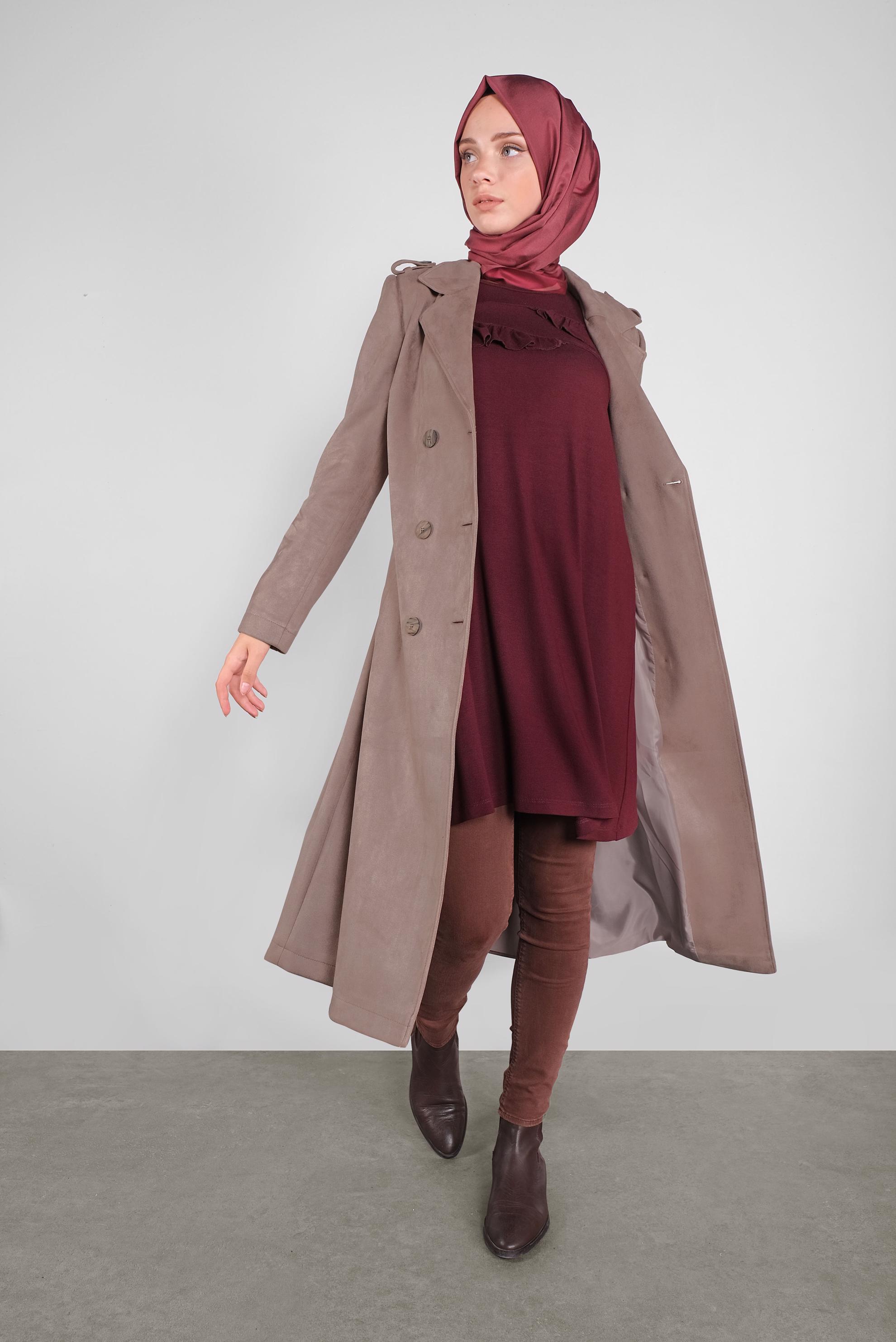 TRENCH-COAT EN DAIM AVEC CEINTURE HIJAB FEMME ALVİNA