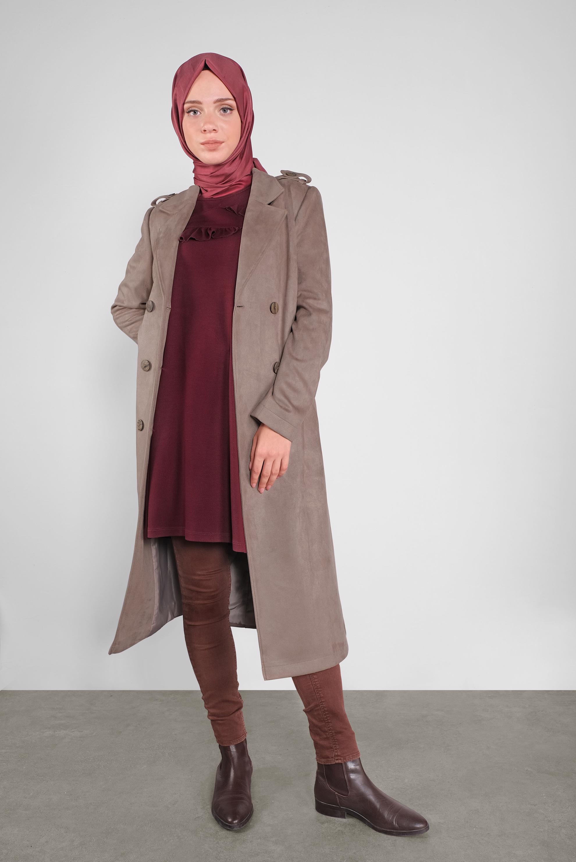 Tesettür giyim VİZON KUŞAKLI SÜET TRENÇKOT 10138 