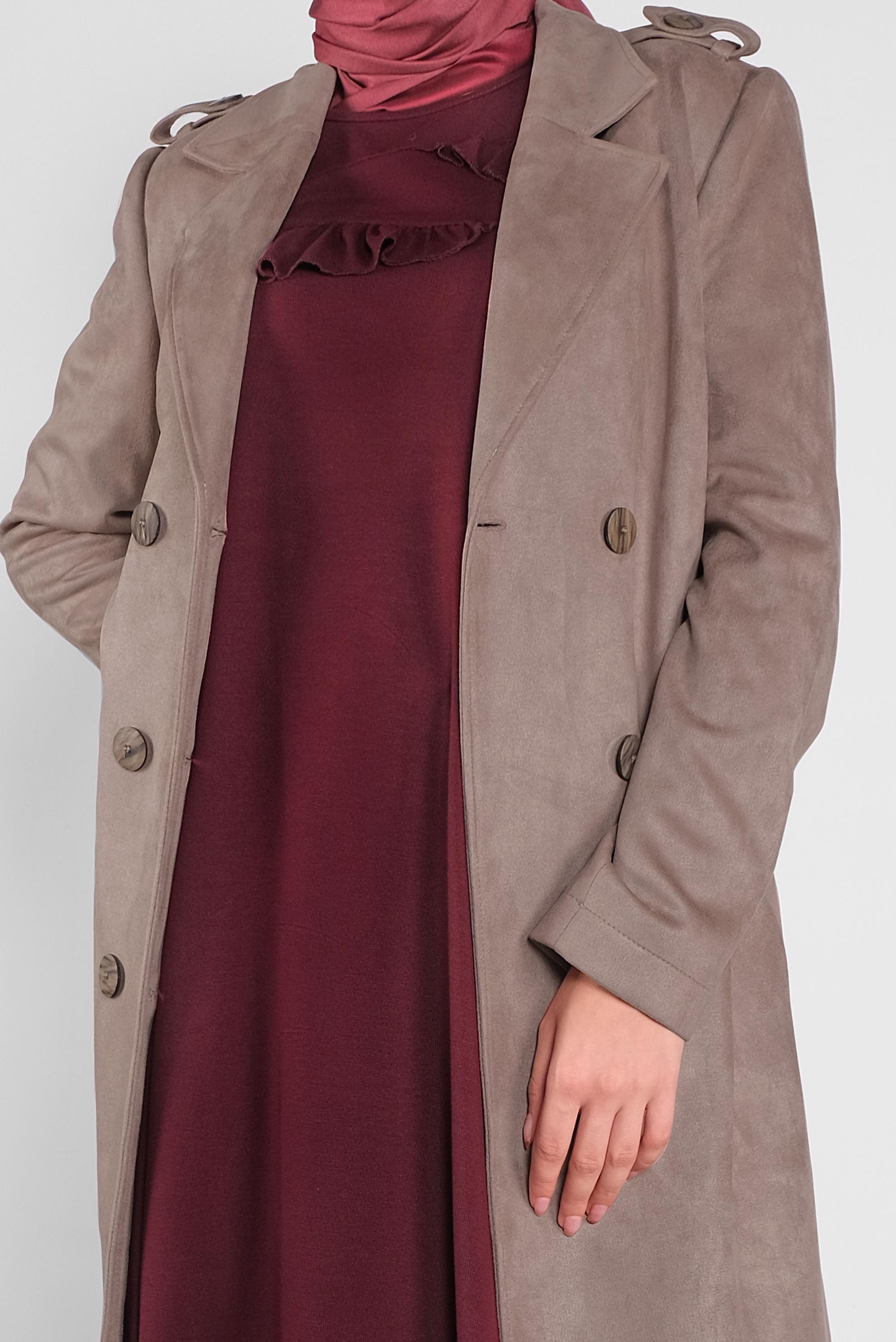 Tesettür giyim VİZON KUŞAKLI SÜET TRENÇKOT 10138 