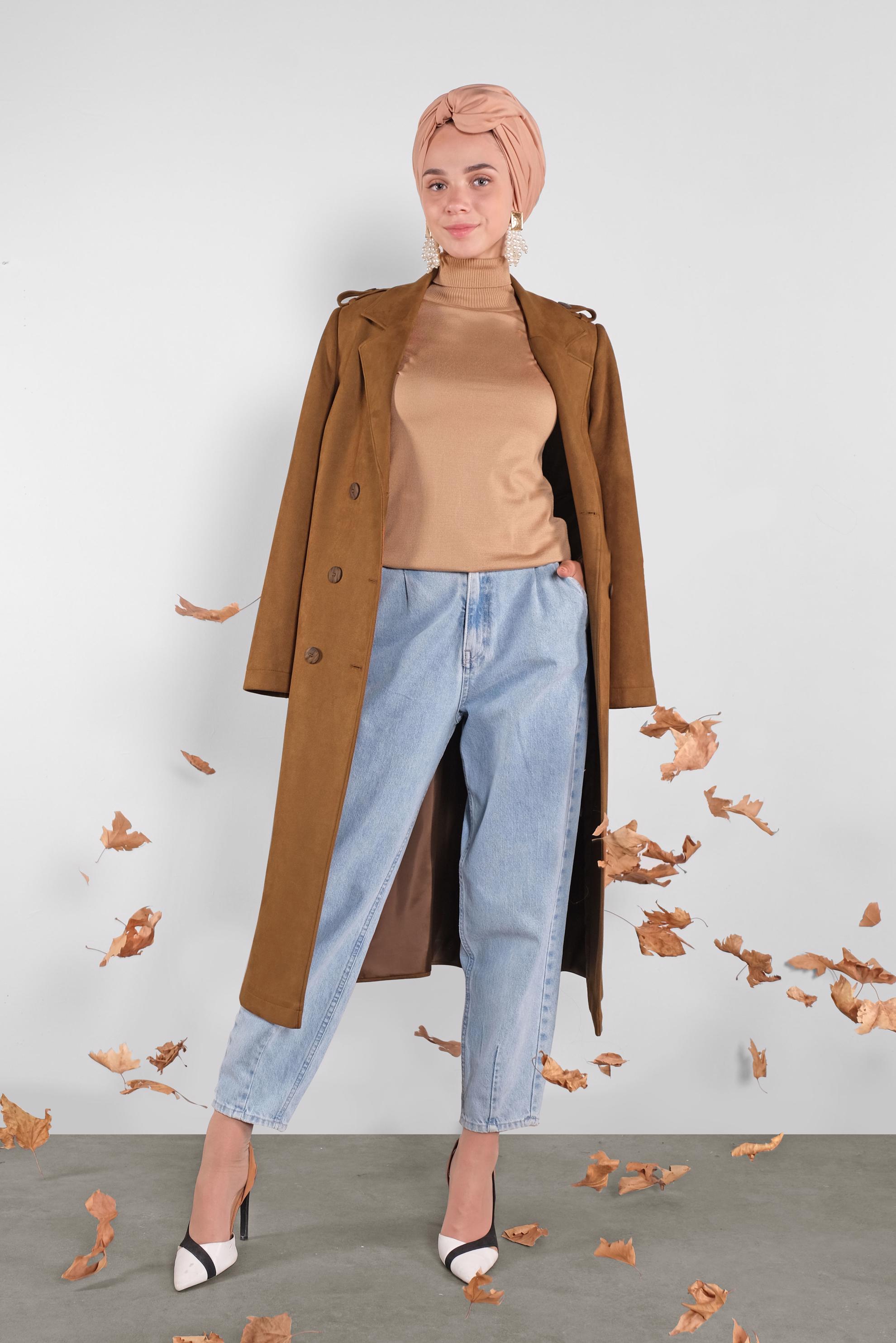 Tesettür giyim KAHVE KUŞAKLI SÜET TRENÇKOT 10138 