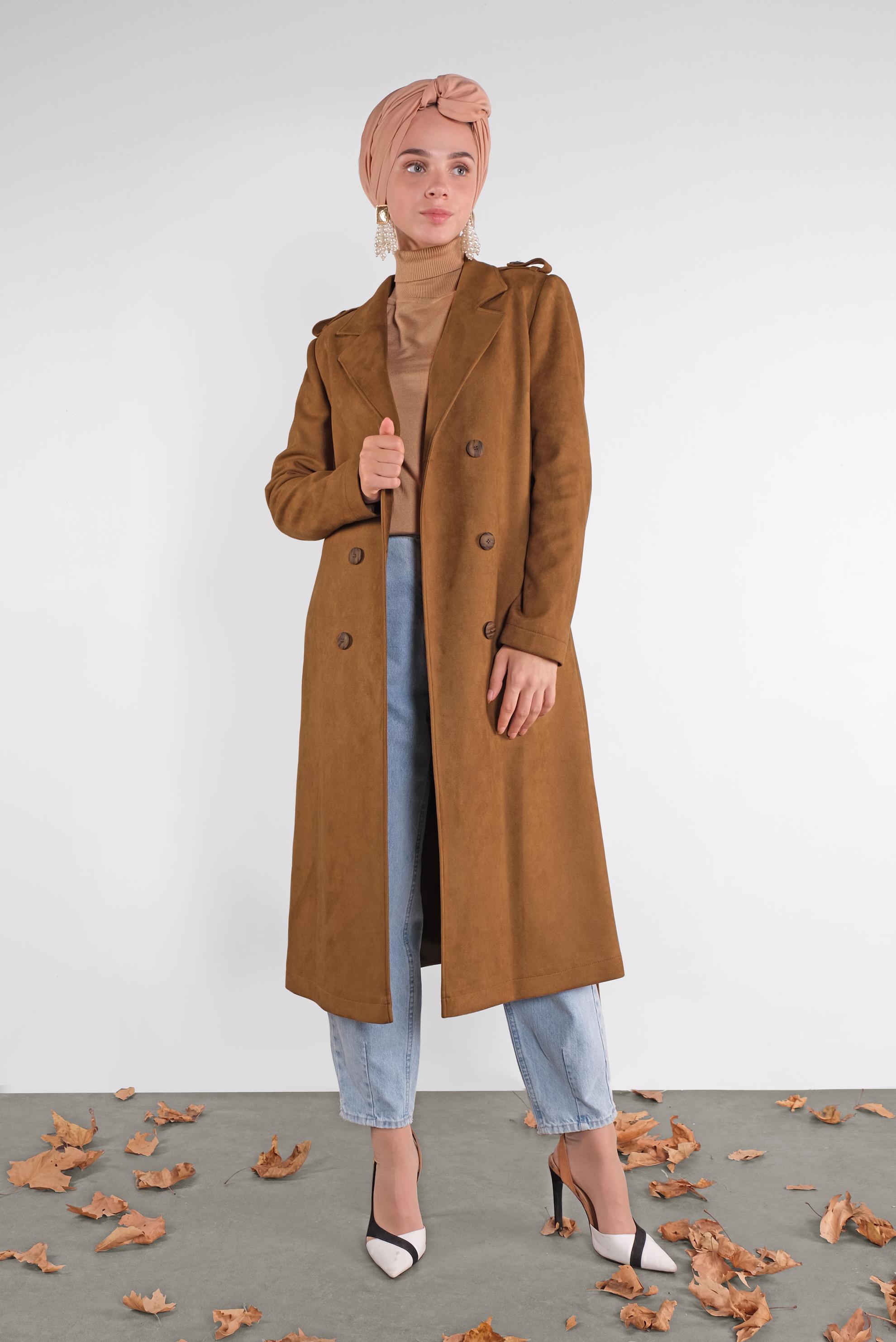 Tesettür giyim KAHVE KUŞAKLI SÜET TRENÇKOT 10138 