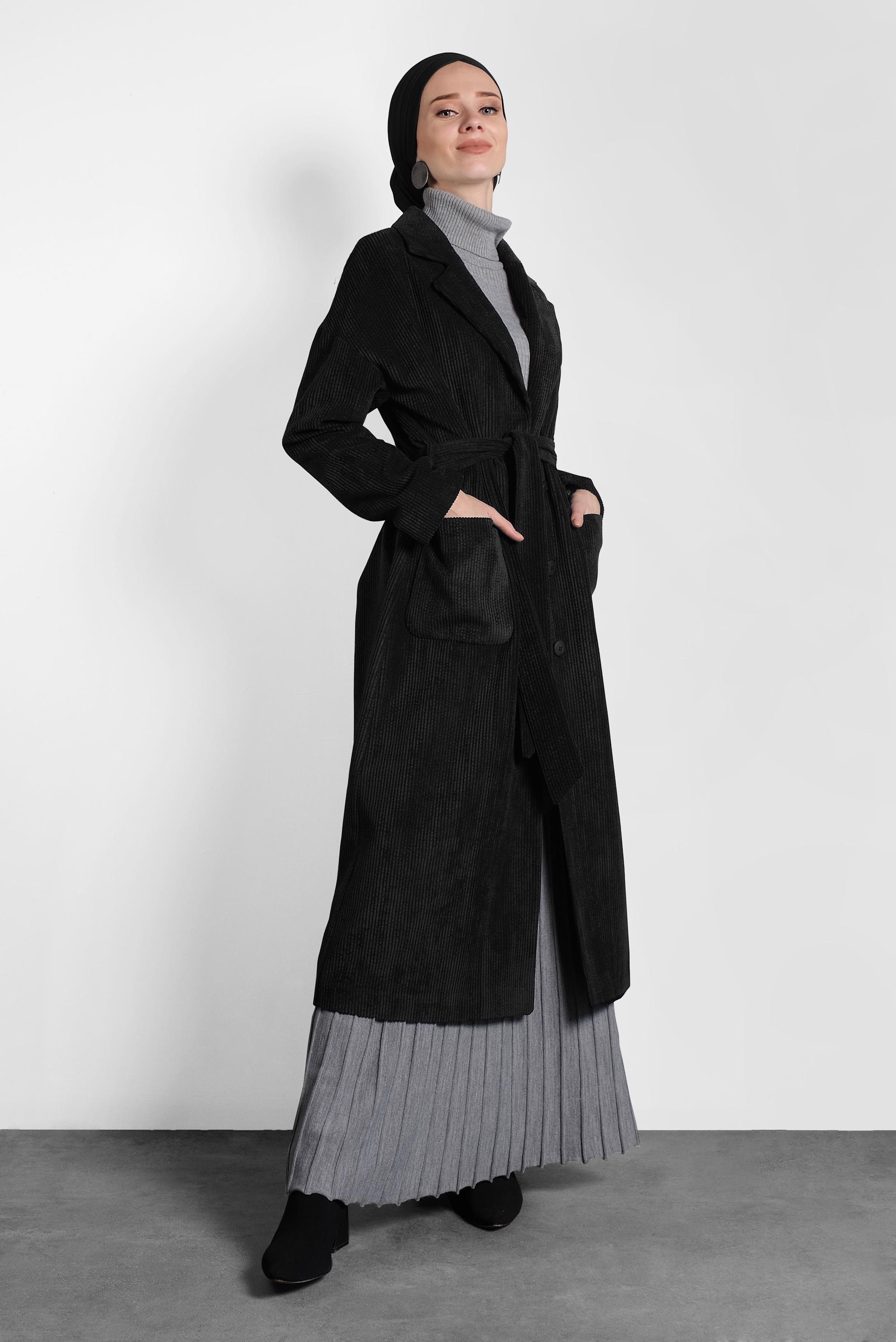 Hijab clothing BLACK BUTTON-TRIMMED BELTED VELVET TRENCH-COAT 10139