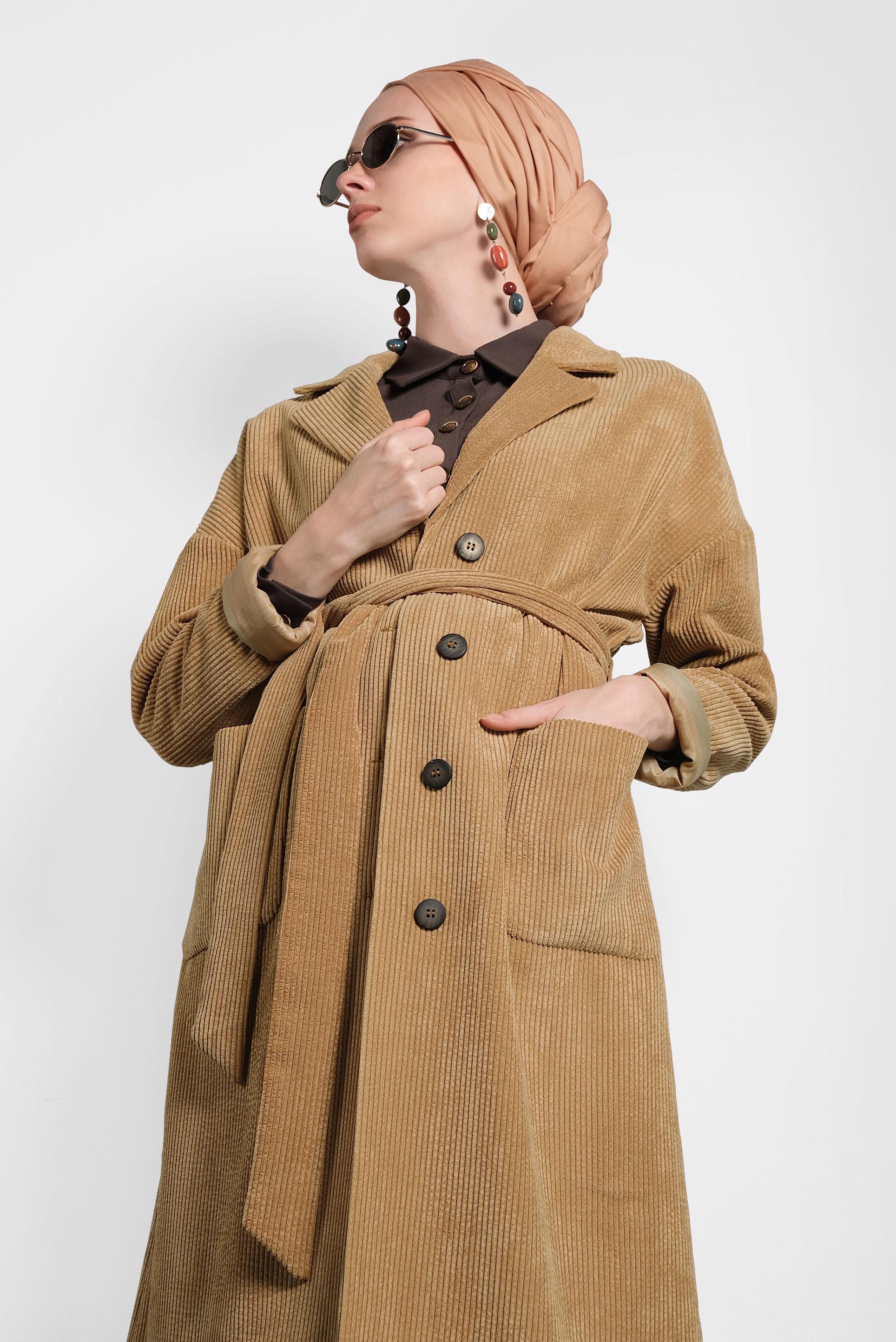 Hijab clothing BROWN BUTTON-TRIMMED BELTED VELVET TRENCH-COAT 10139