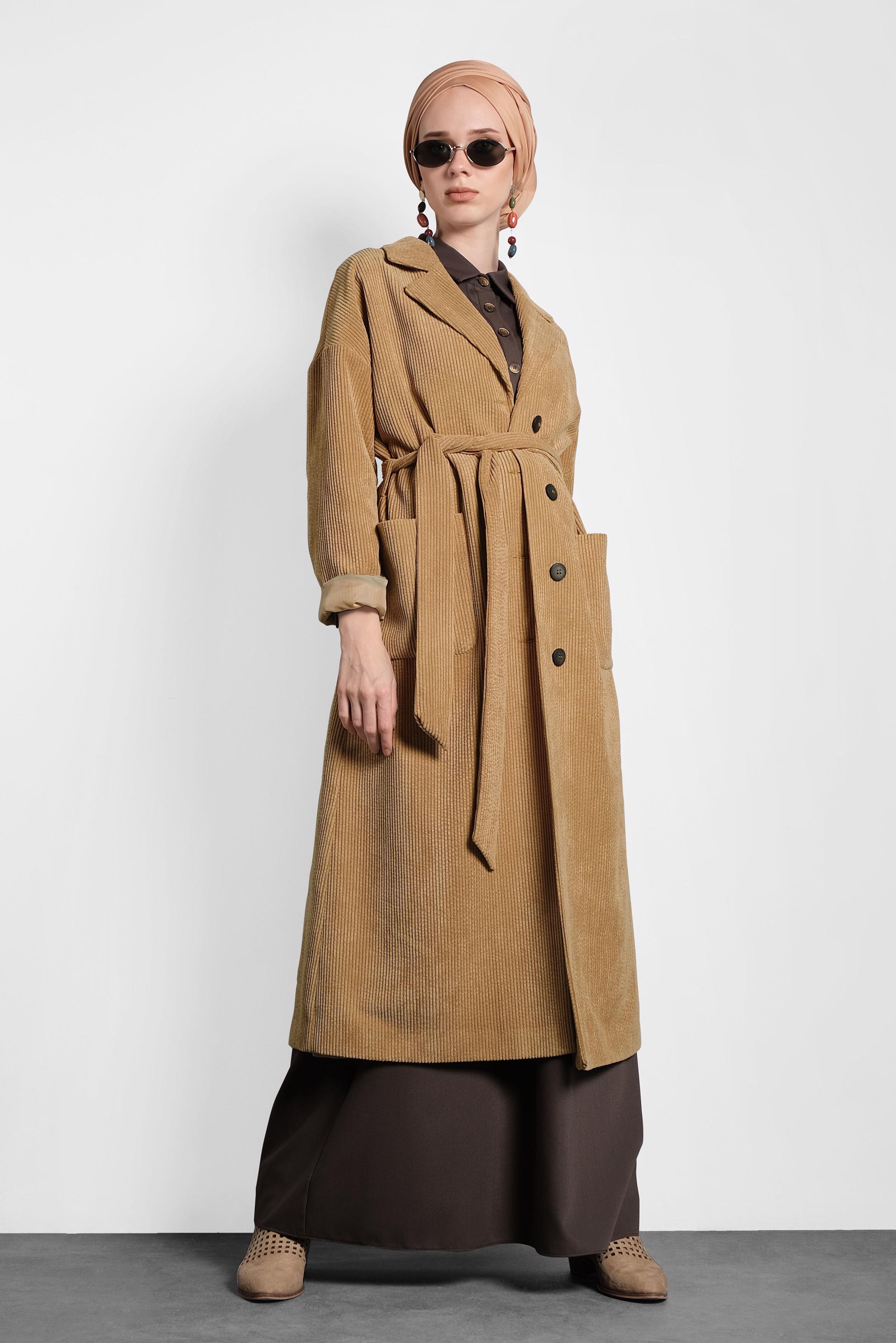 Hijab clothing BROWN BUTTON-TRIMMED BELTED VELVET TRENCH-COAT 10139