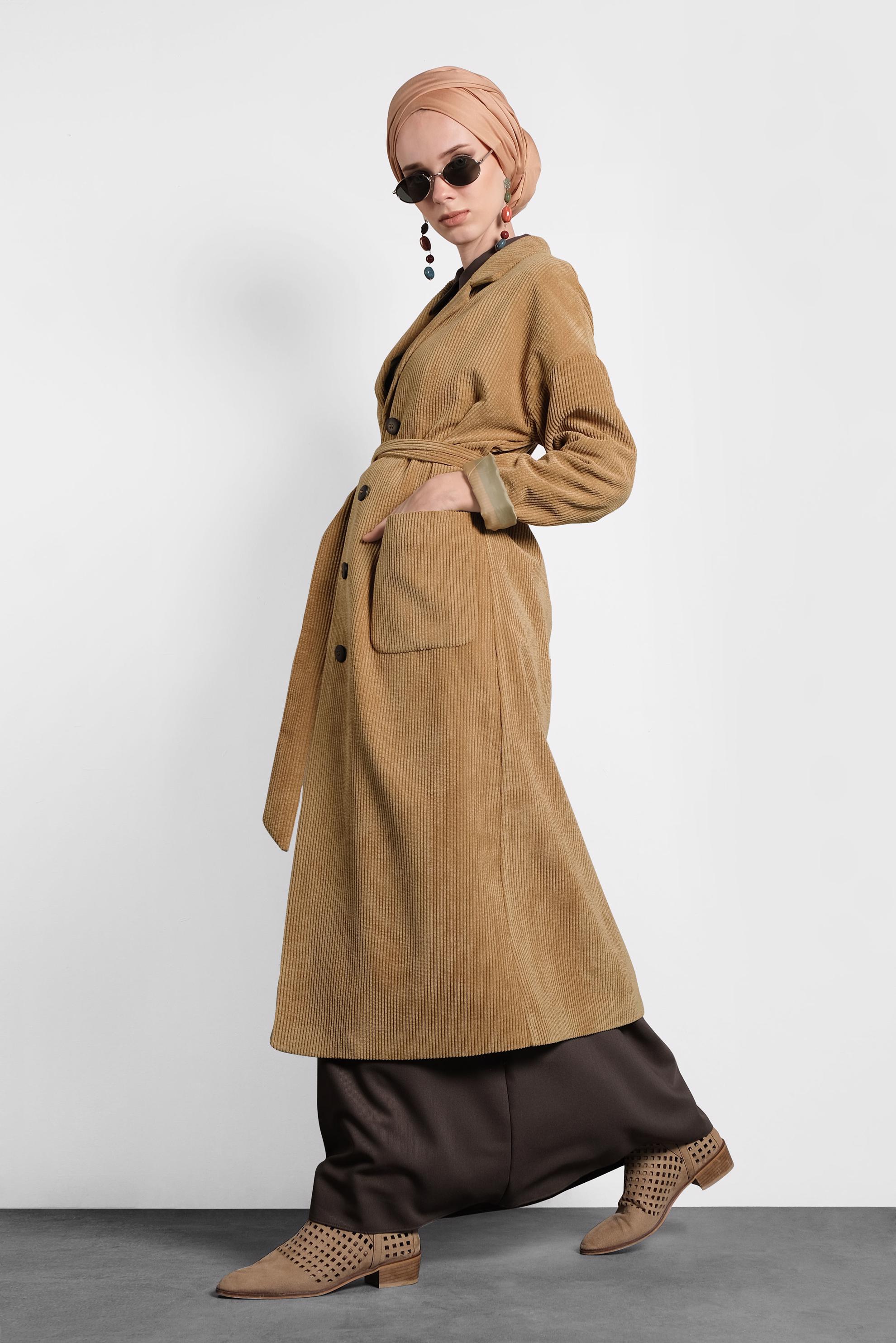 Hijab clothing BROWN BUTTON-TRIMMED BELTED VELVET TRENCH-COAT 10139