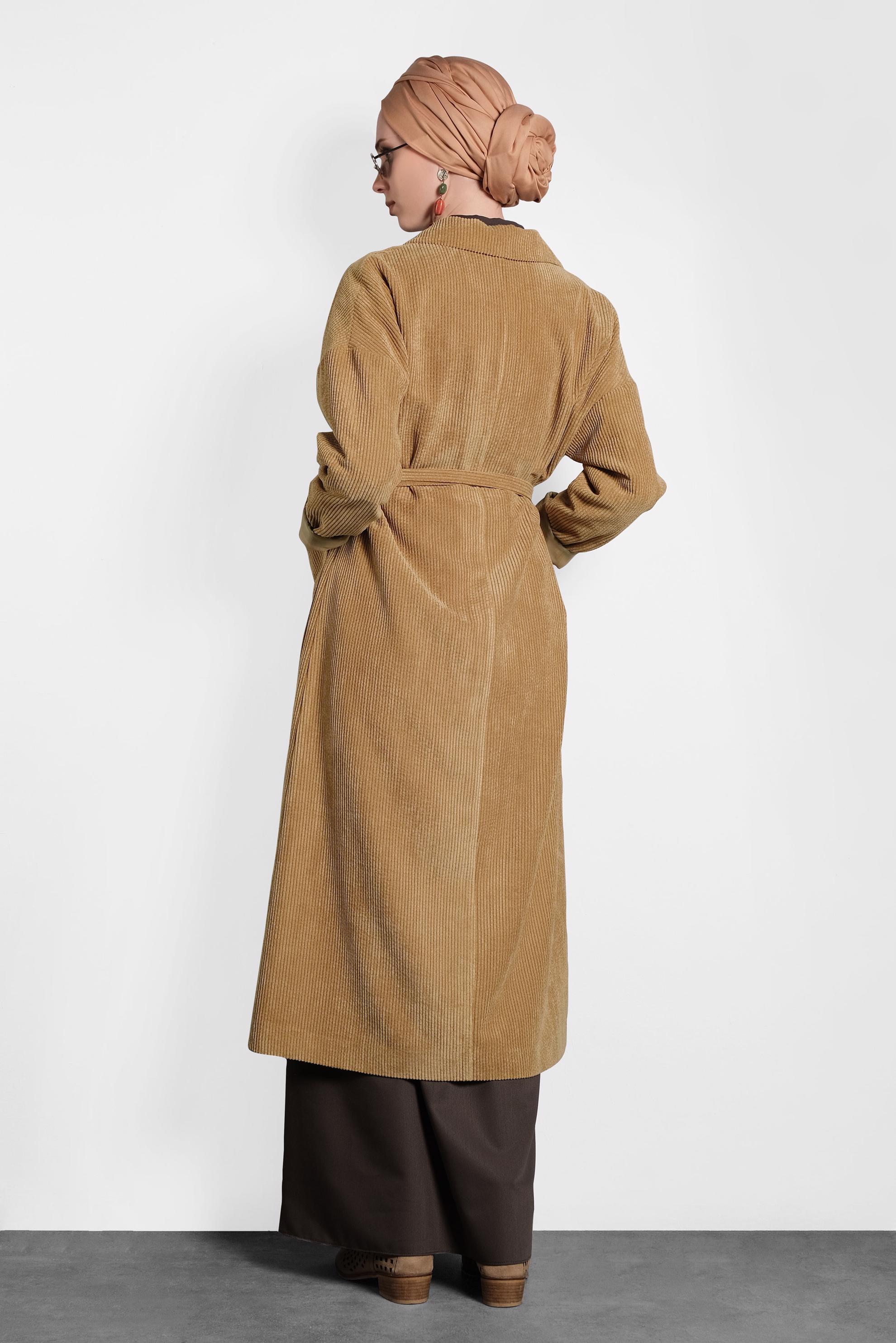 Hijab clothing BROWN BUTTON-TRIMMED BELTED VELVET TRENCH-COAT 10139