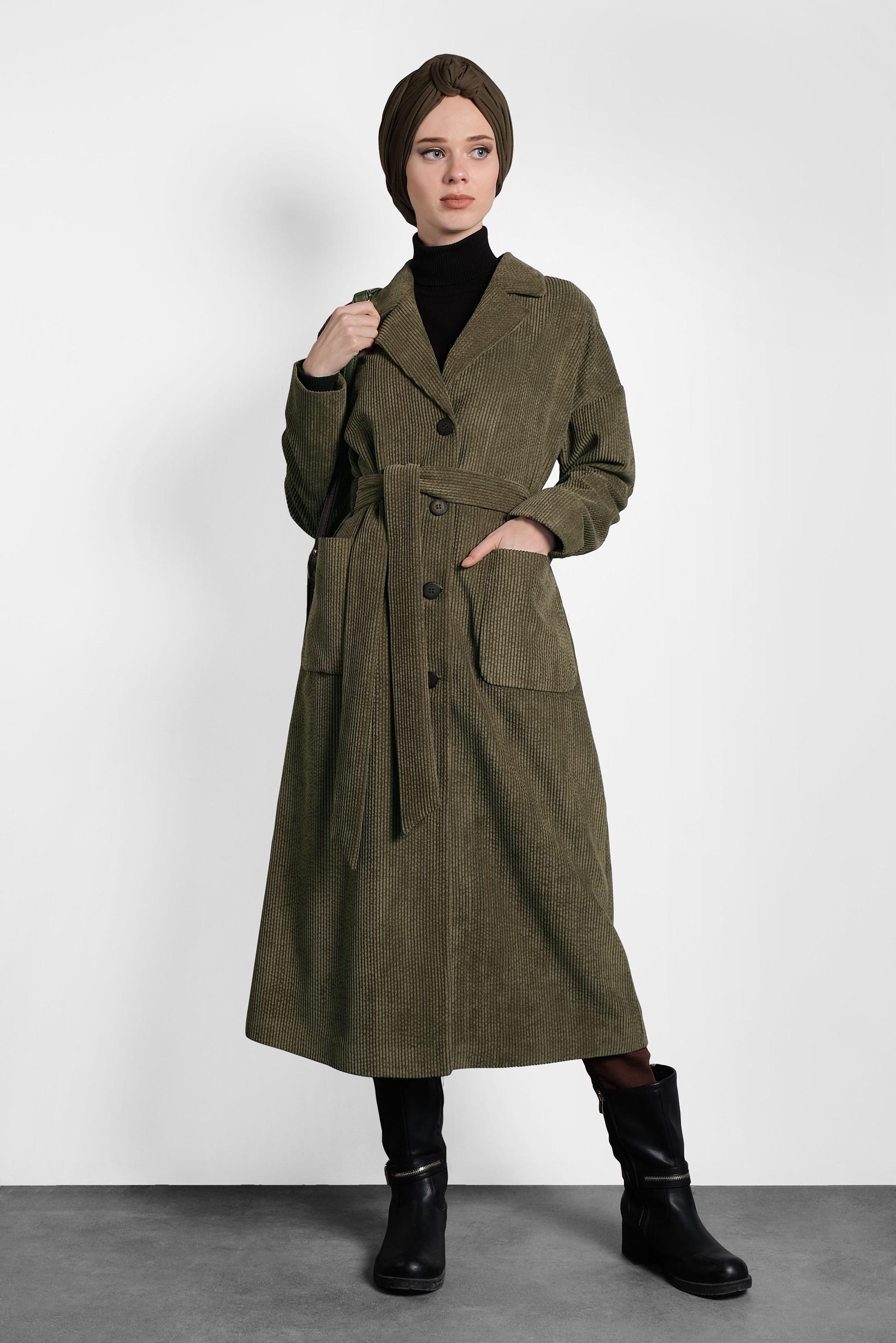 Hijab clothing KHAKI BUTTON-TRIMMED BELTED VELVET TRENCH-COAT 10139