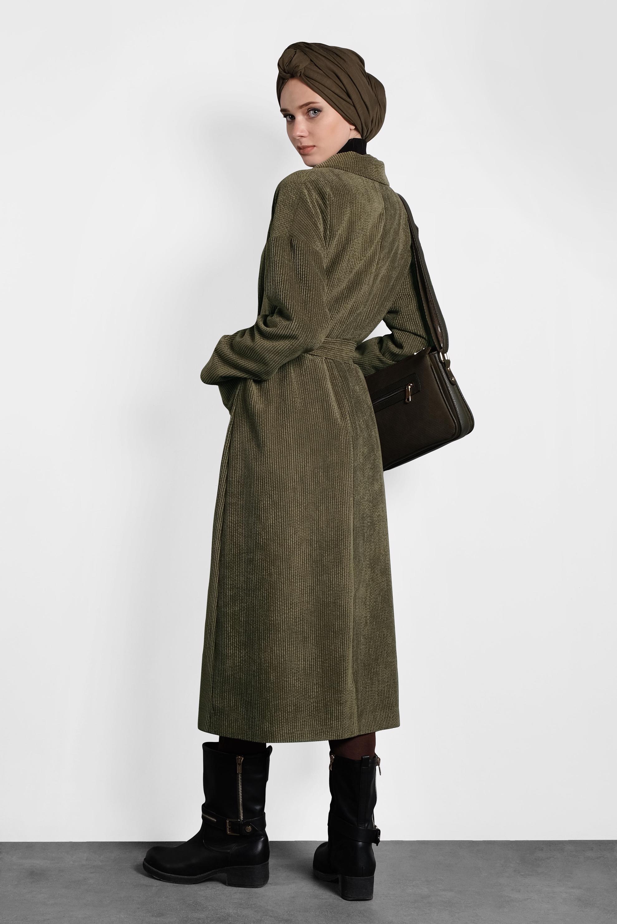 Hijab clothing KHAKI BUTTON-TRIMMED BELTED VELVET TRENCH-COAT 10139