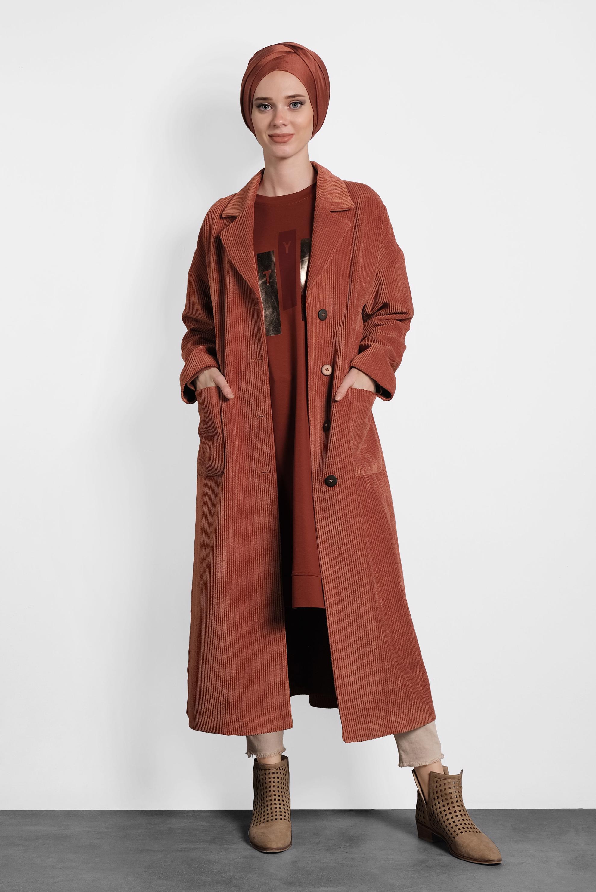 Tesettür giyim TURUNCU DÜĞMELİ KUŞAKLI KADİFE TRENÇKOT 10139