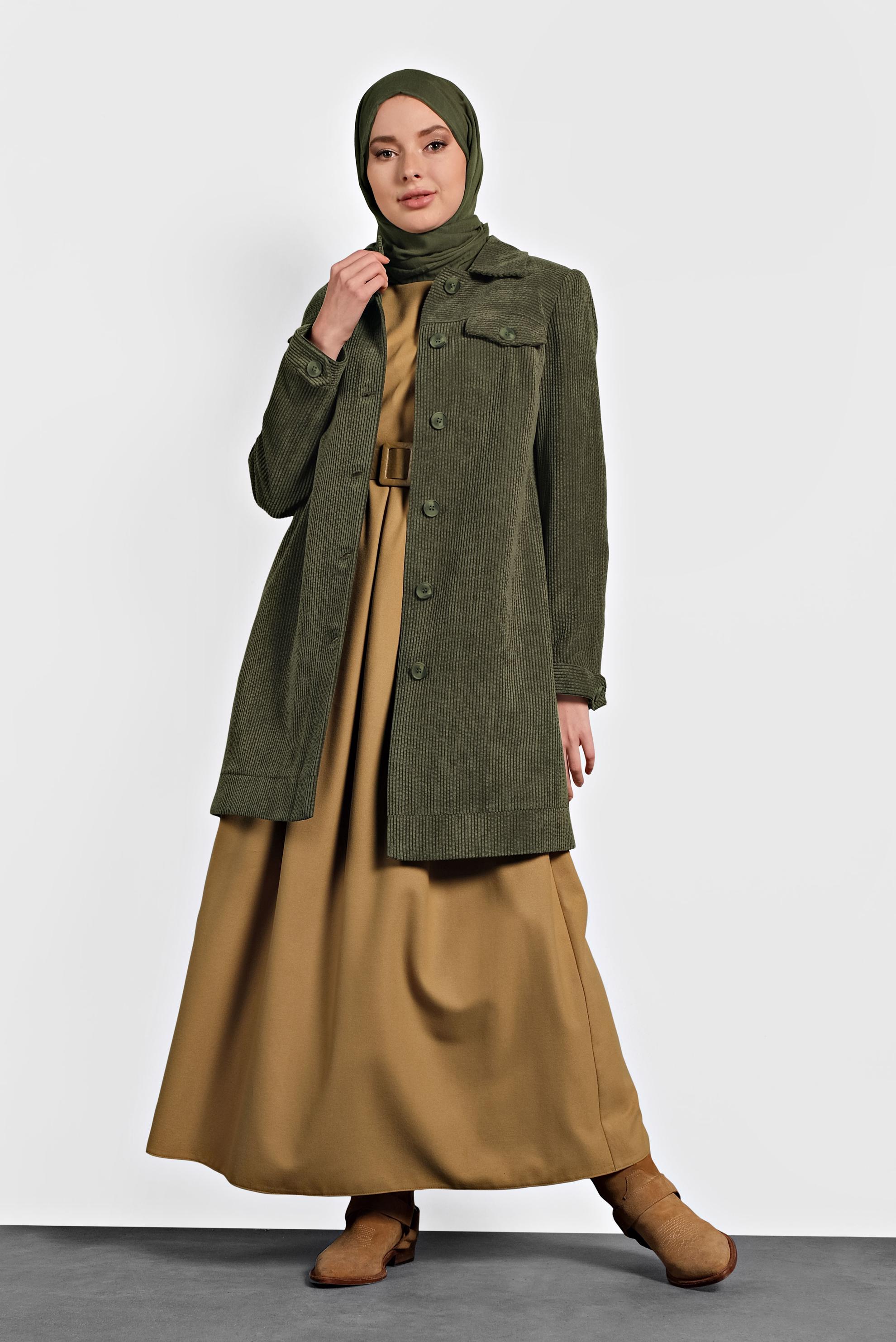 Hijab clothing KHAKI VELVET TRENCH-COAT 10140