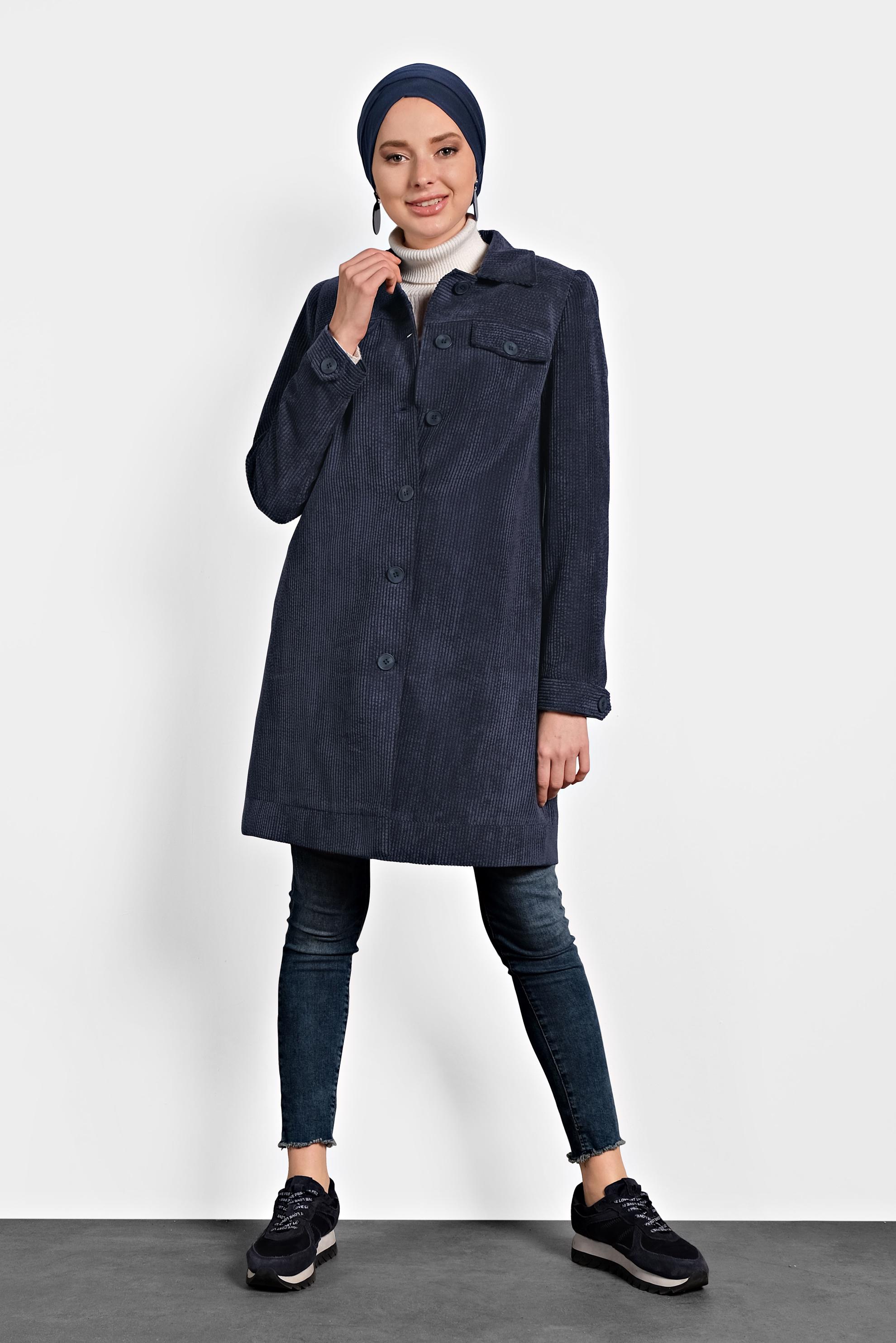Tesettür giyim LACİVERT KADİFE TRENÇKOT 10140 