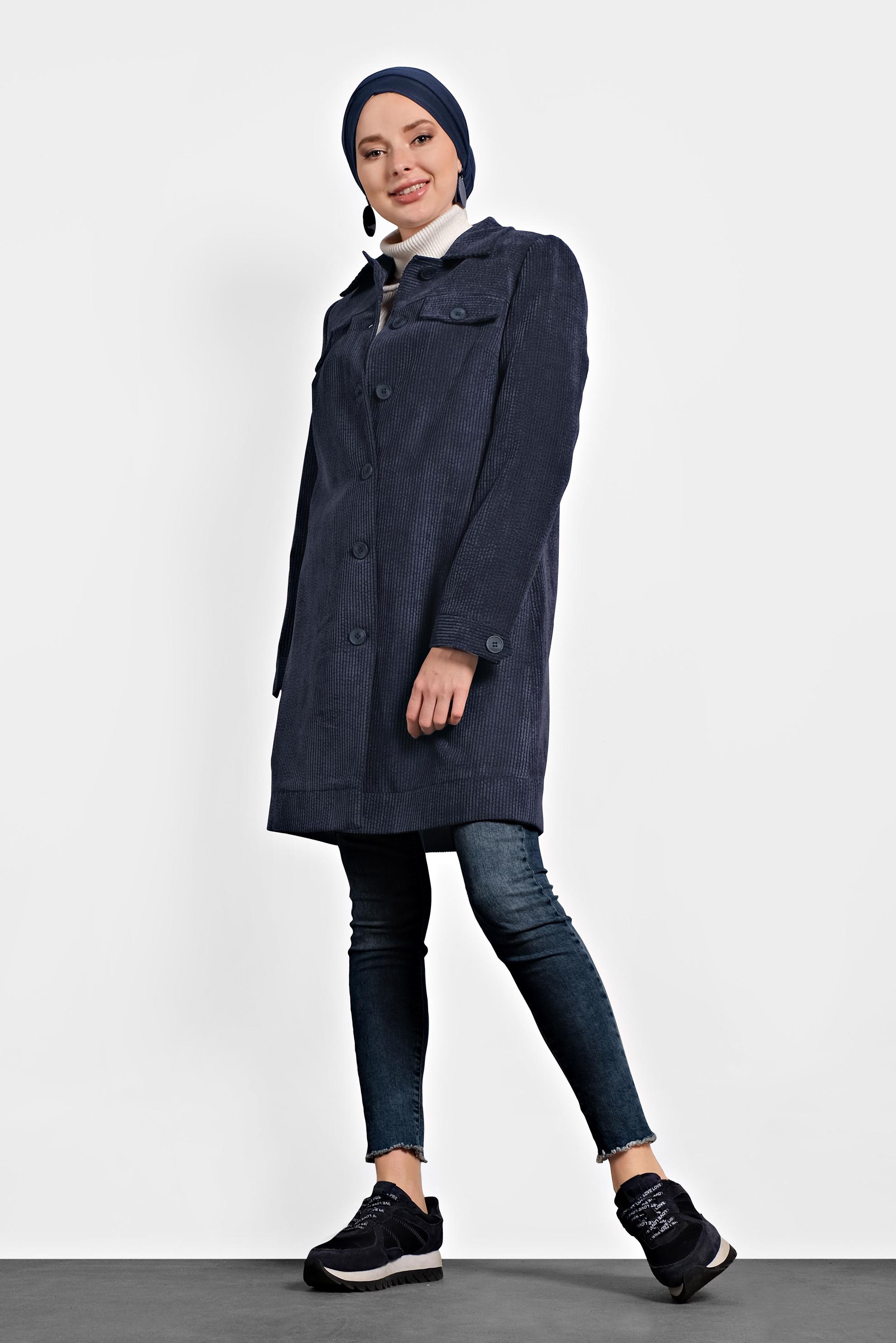 Tesettür giyim LACİVERT KADİFE TRENÇKOT 10140 