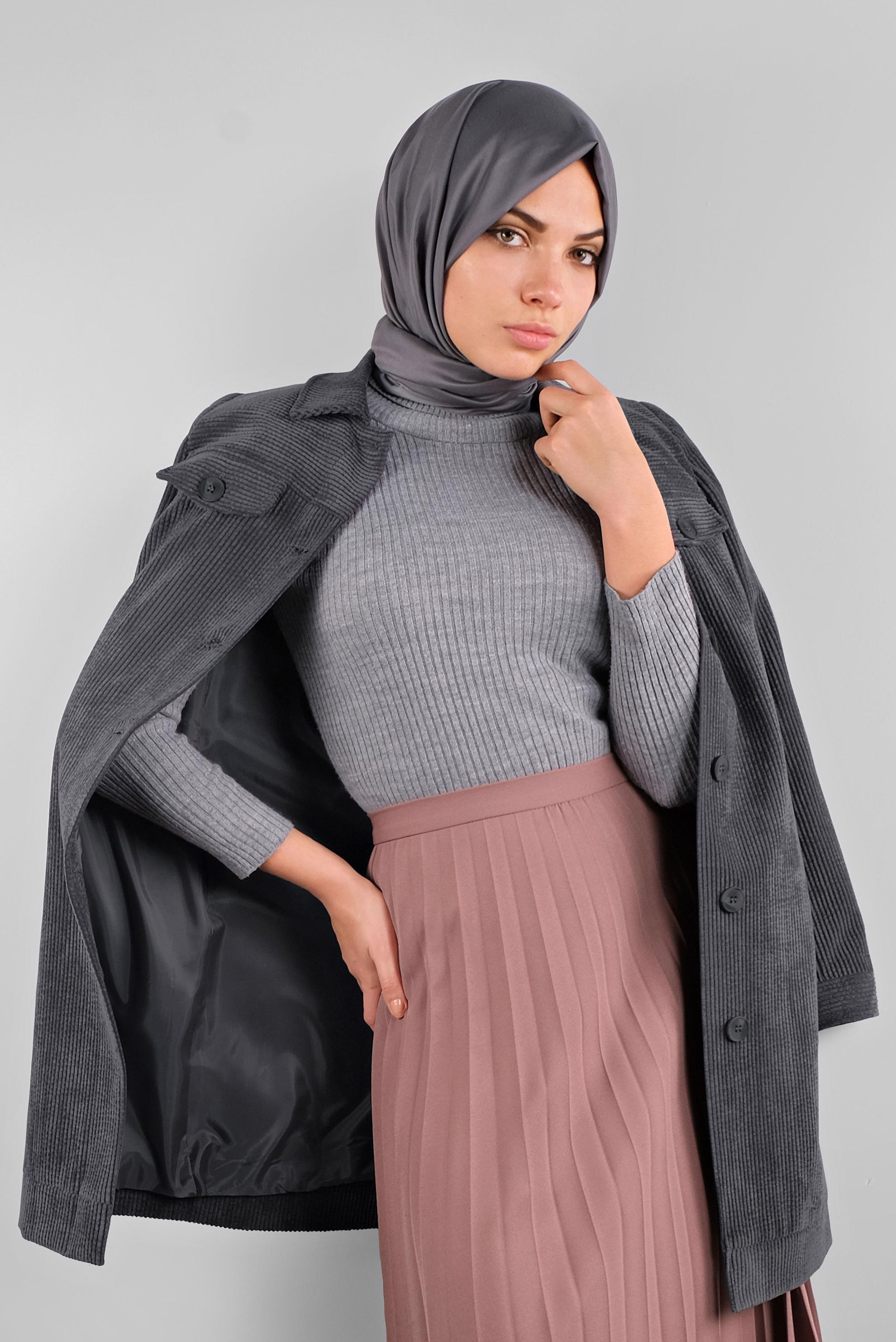 Tesettür giyim GRİ KADİFE TRENÇKOT 10140 