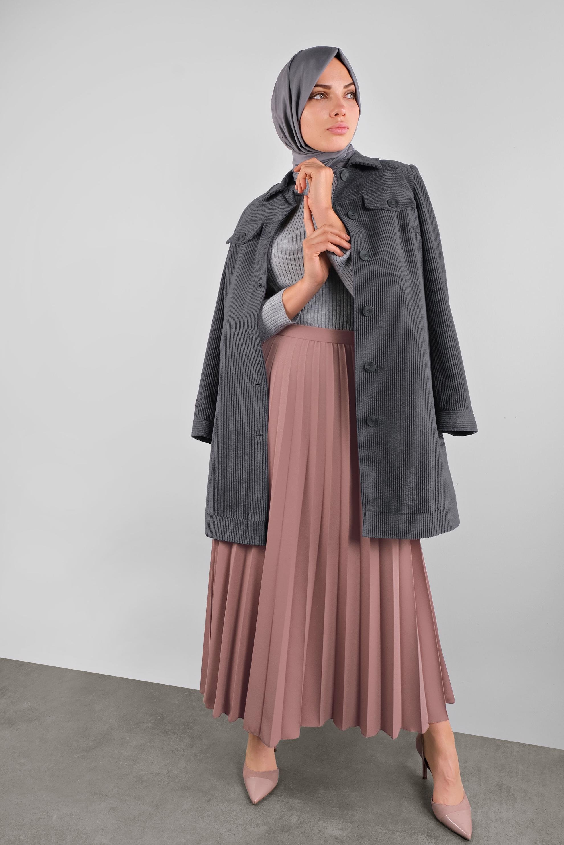 Tesettür giyim GRİ KADİFE TRENÇKOT 10140 