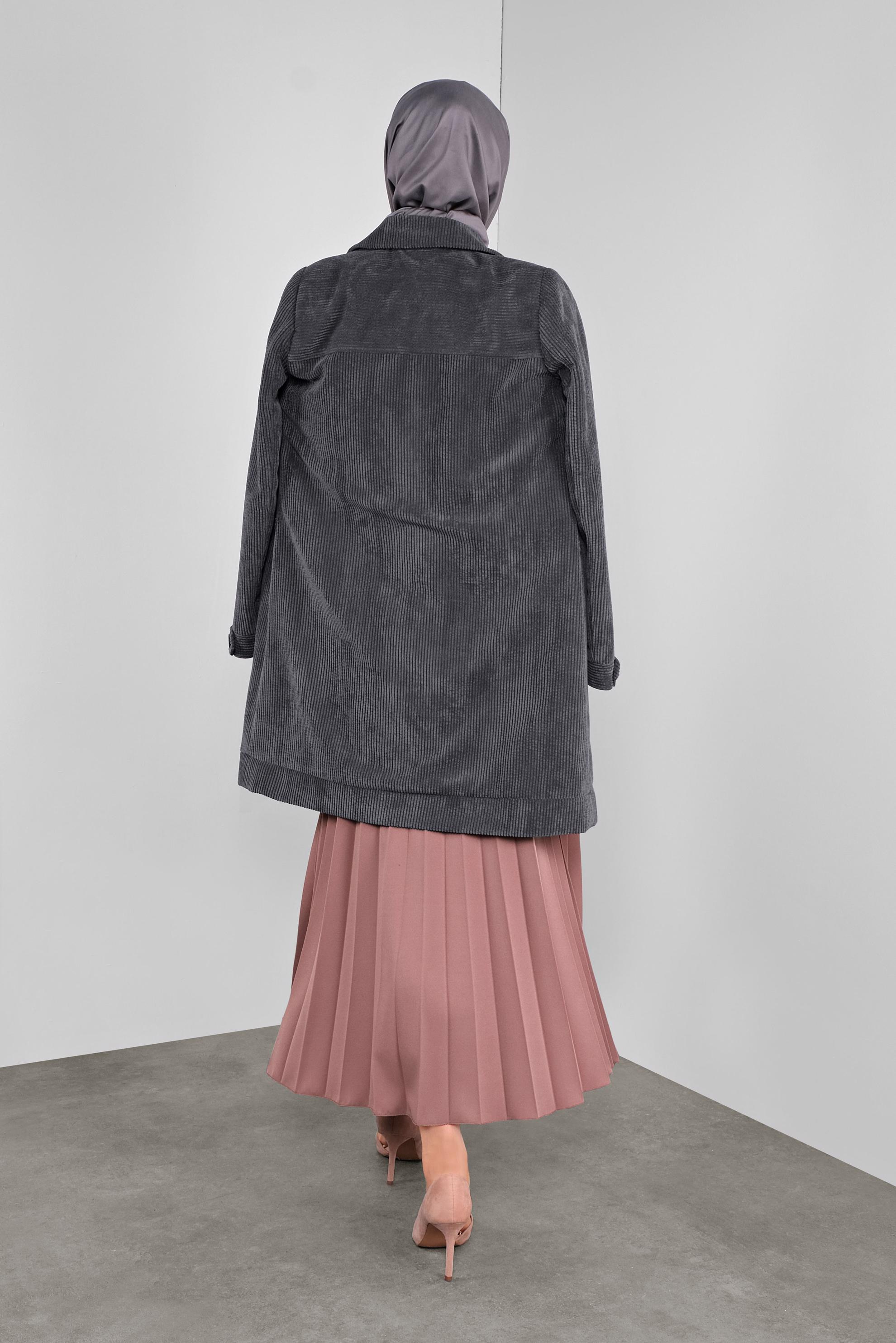 Tesettür giyim GRİ KADİFE TRENÇKOT 10140 