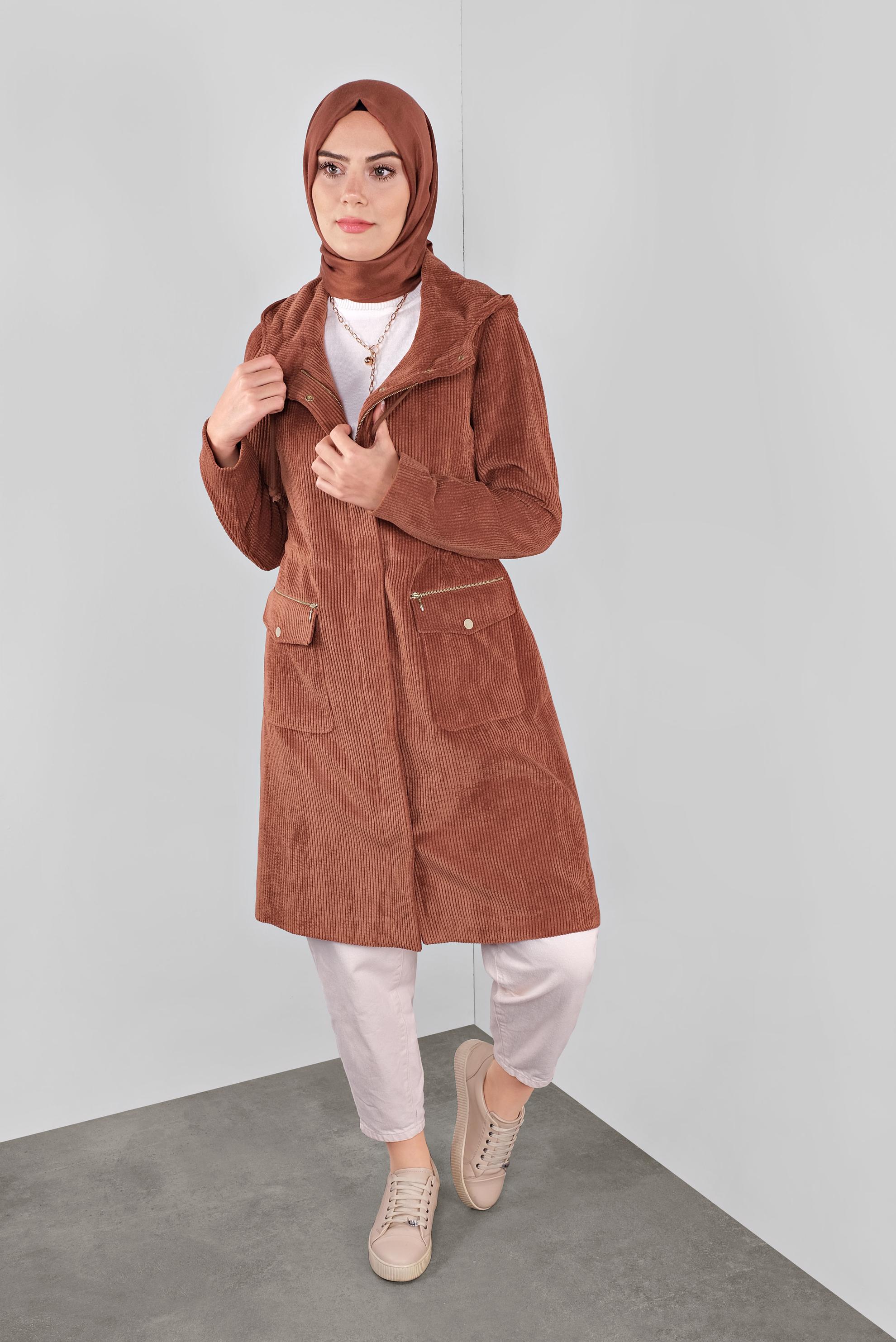 Tesettür giyim TURUNCU FİTİLLİ KADİFE CEPLİ TRENÇKOT 10141