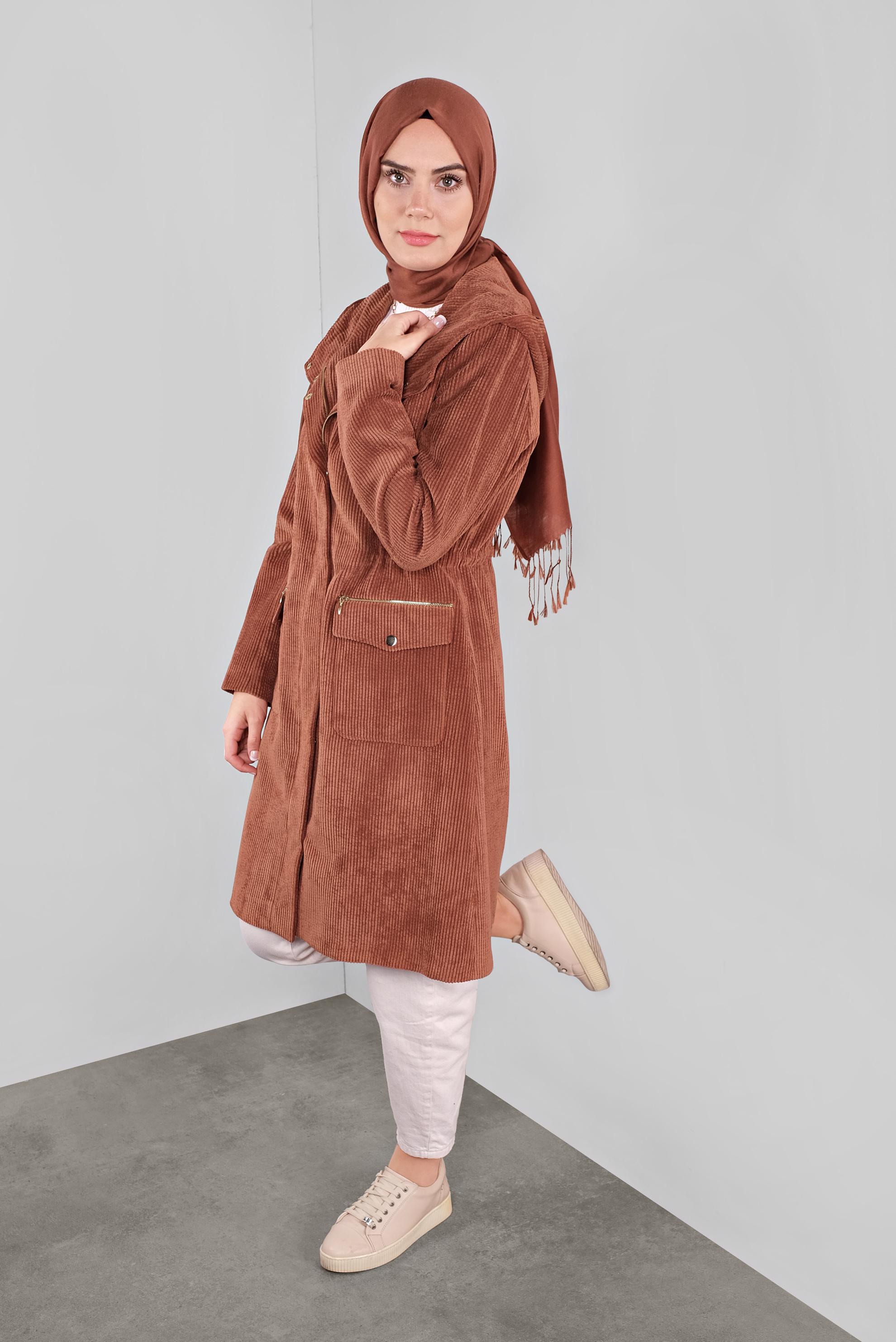 Tesettür giyim TURUNCU FİTİLLİ KADİFE CEPLİ TRENÇKOT 10141