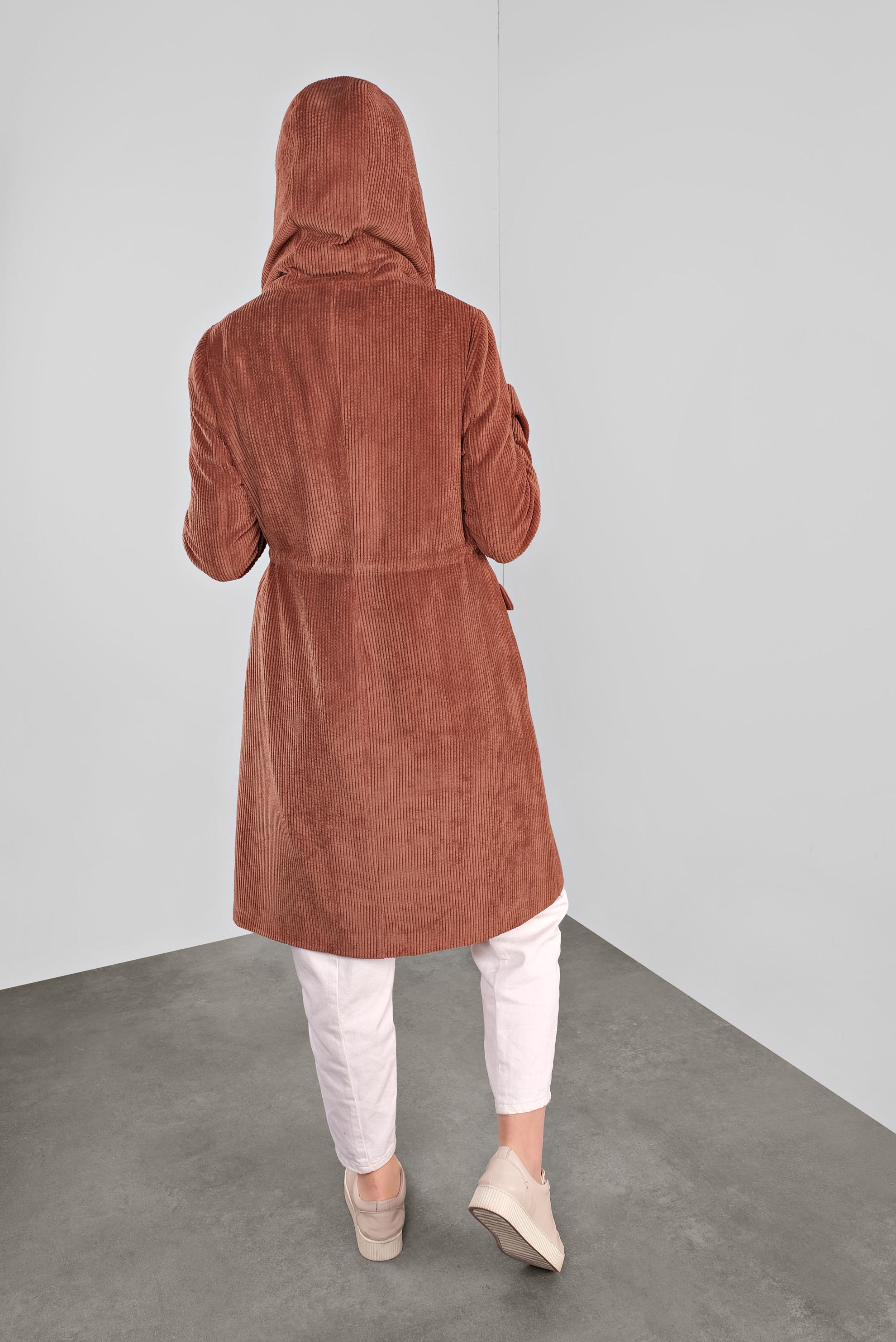 Tesettür giyim TURUNCU FİTİLLİ KADİFE CEPLİ TRENÇKOT 10141