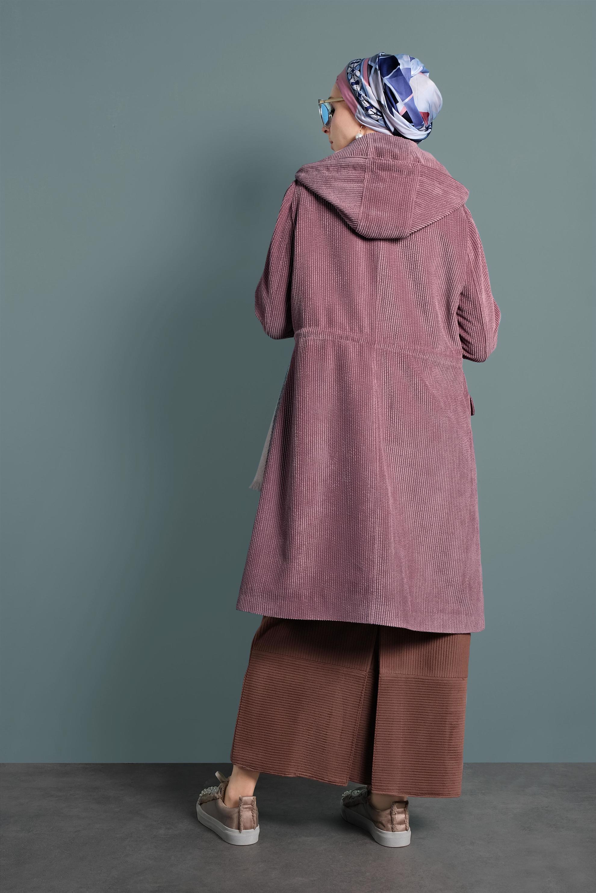 Tesettür giyim PEMBE FİTİLLİ KADİFE CEPLİ TRENÇKOT 10141