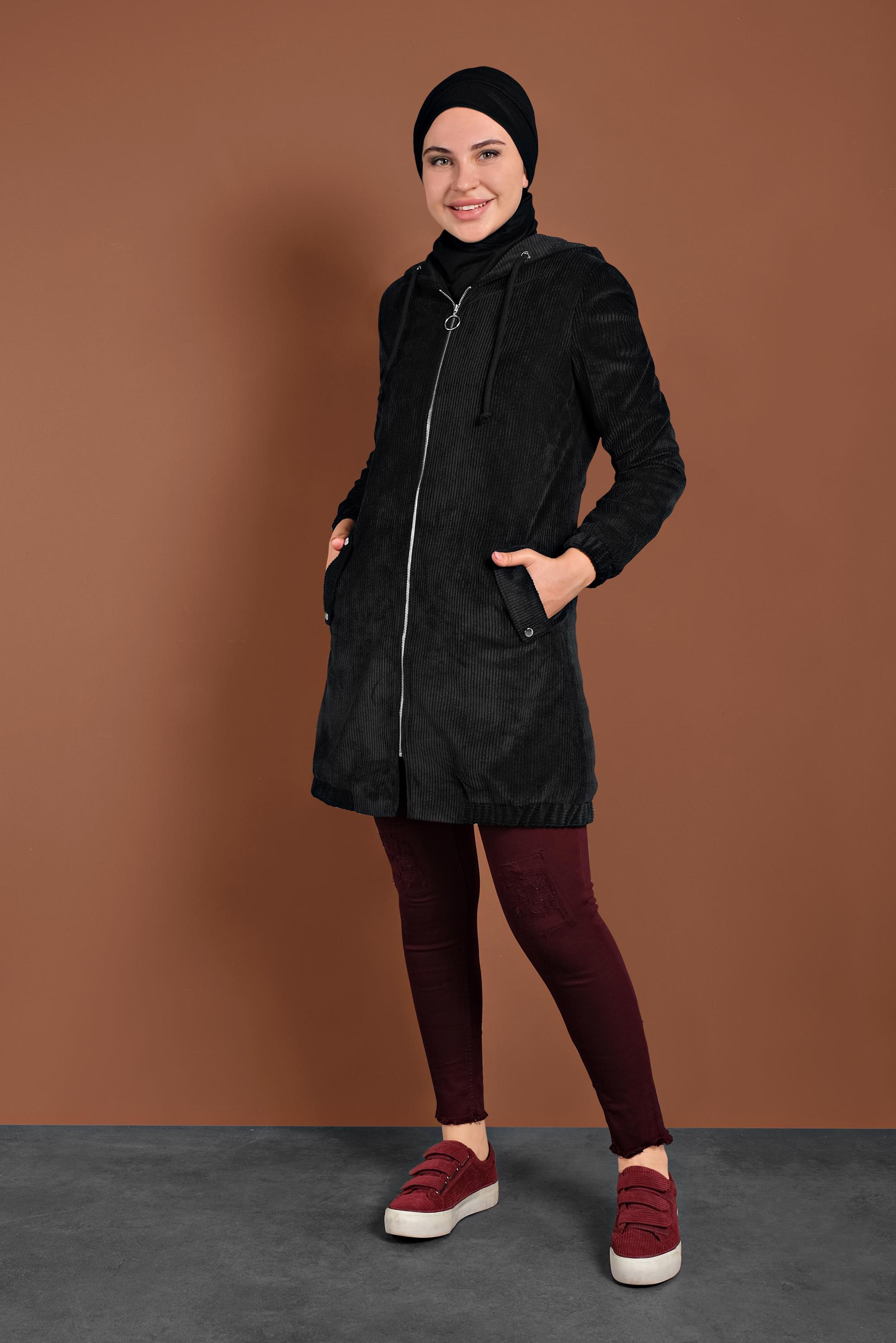 Hijab clothing BLACK HOODED CORDUROY TRENCH-COAT 10142